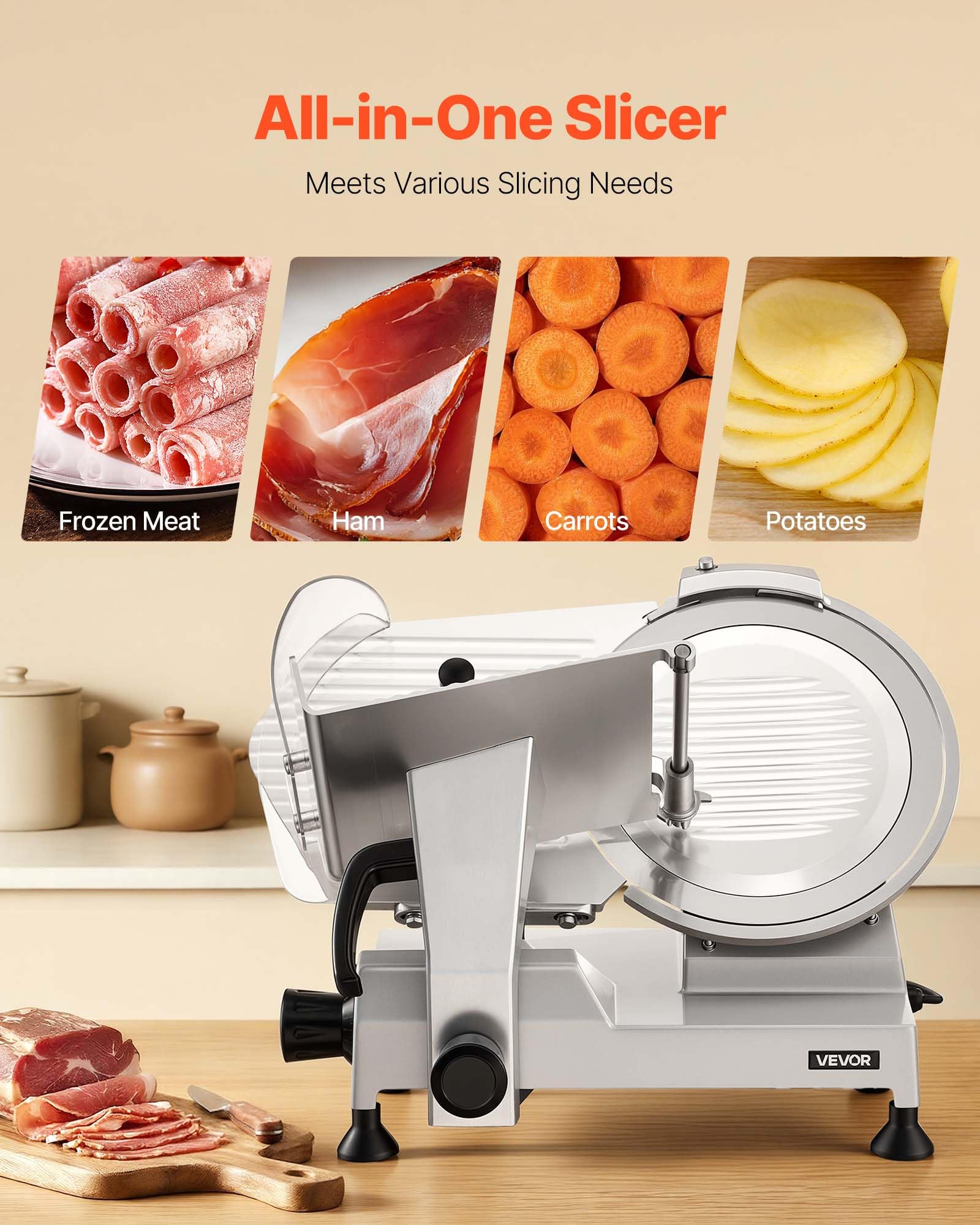 VEVOR Cortafiambres Eléctrico 400 W, Cortadora de Carne Comercial con Cuchilla de Acero al Carbono de 30 cm y bandeja para alimentos, Grosor Ajustable de 0-15 mm para Carne, Jamón, Baguette, Filete