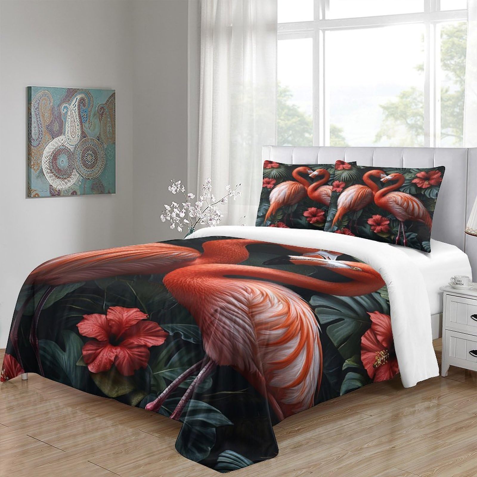 Flamingo-Pärchen Bettwäsche-Set, 3D Druck Kunststil im tropischen Garten, Microfaser 3 Teiliges, Kopfkissenbezug + Bettbezug,für Erwachsene Kinder Super King（260x220cm）