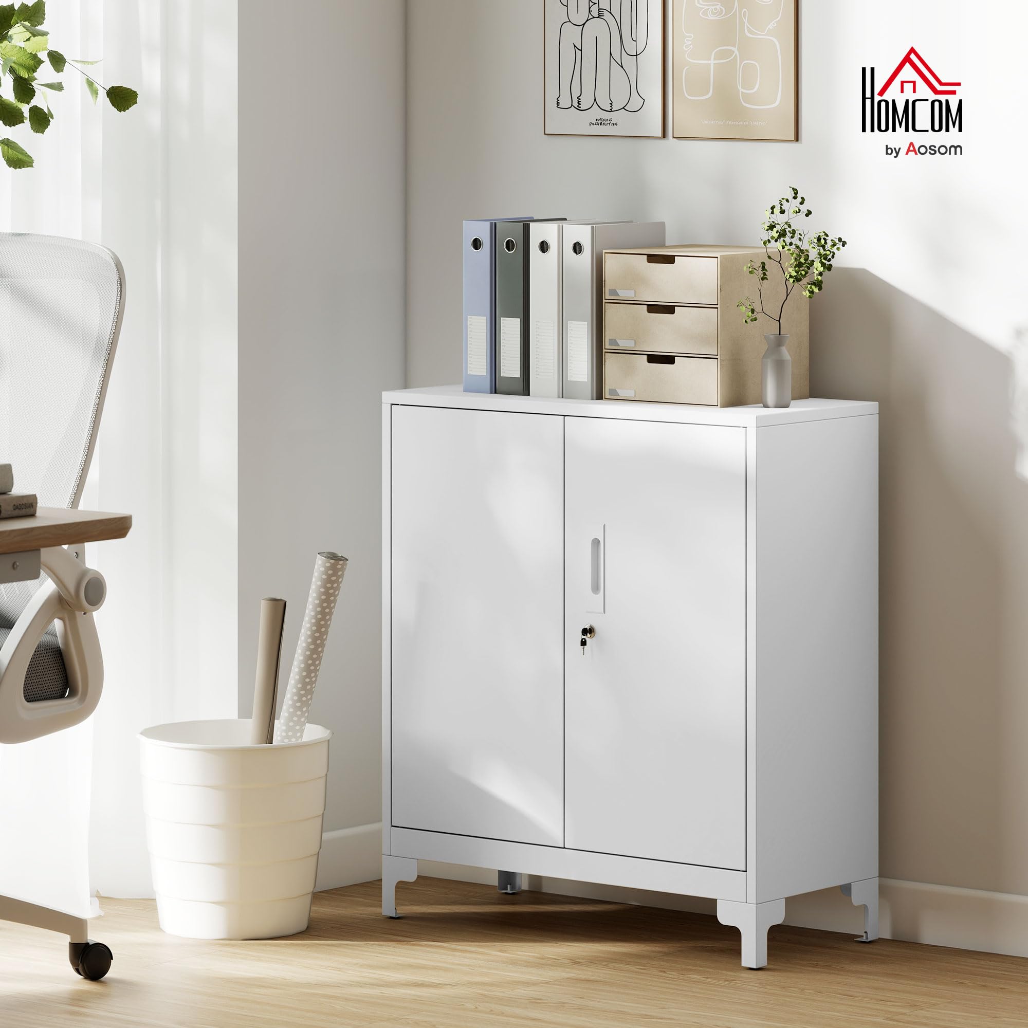 HOMCOM Aktenschrank Büroschrank Abschließbar Mehrzweckschrank mit 2 Ebenen, 2 Türen, Metallschrank Aufbewahrungsschrank Allzweckschrank 80 x 35 x 91 cm Weiß