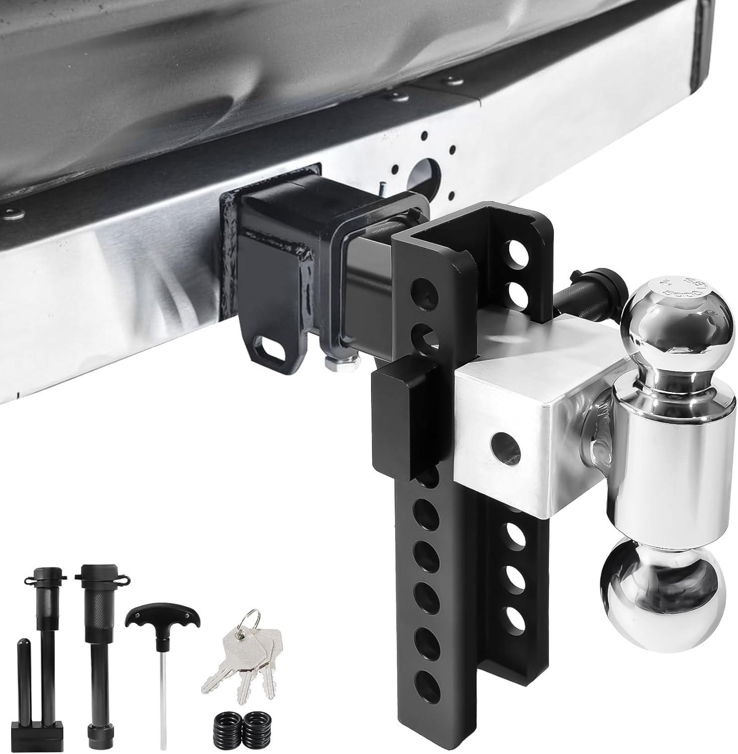 Adjustable Trailer Hitch Towing Ball Mounts Fits 2 inch Receiver, Drop Hitch-Tow Hitch, 8 inch Drop/Rise, 2" & 2-5/16" Ball Hitches for Trucks, Trailer Hitches with Anti-Theft Pin (2"-8" Drop)
