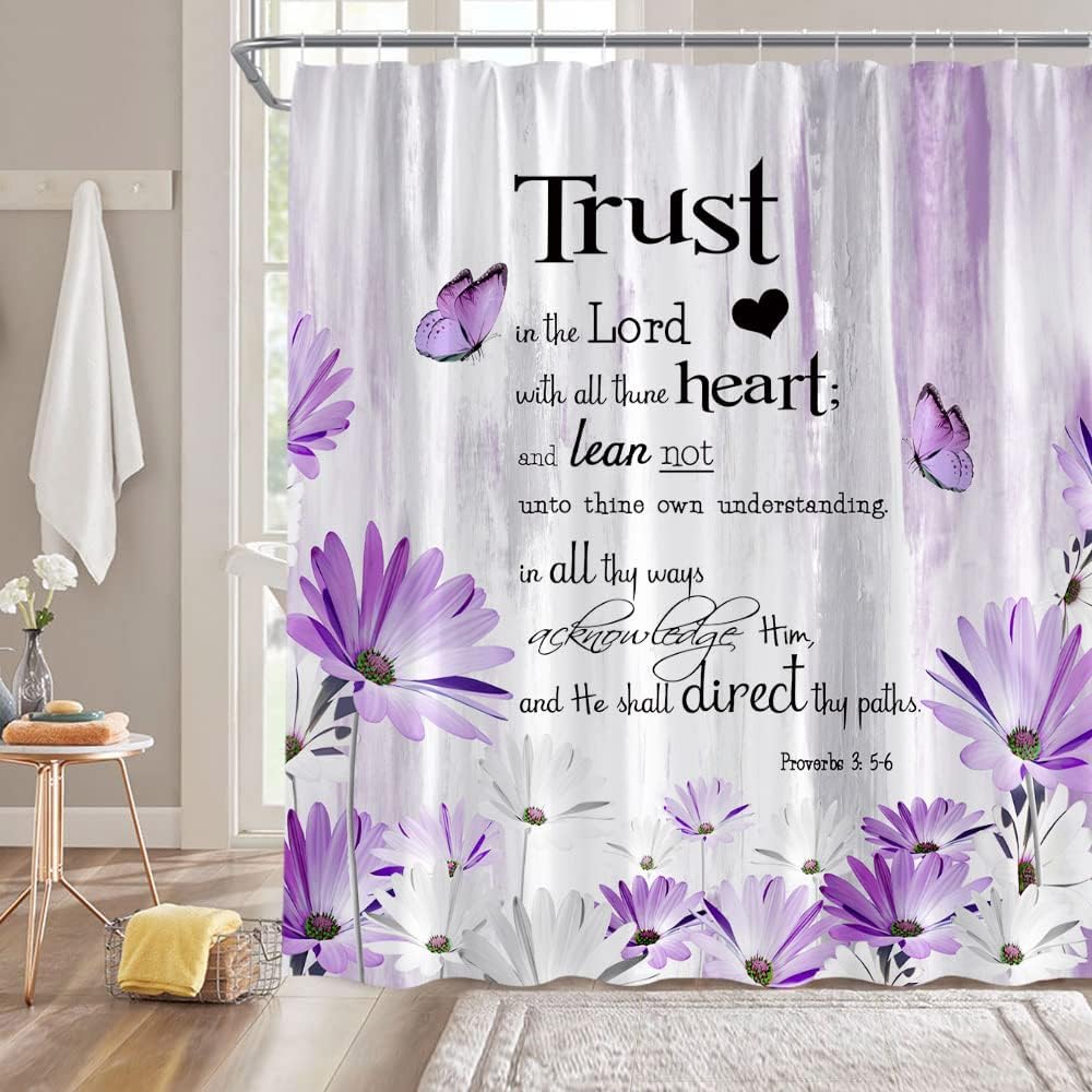 Inspirational Quote Trust in The Lord Shower Curtain Rutsic Blue Daisy Flower Butterfly Abstract Painting Farmhouse Fabric Bathroom Decor Fabric Curtain with Hooks