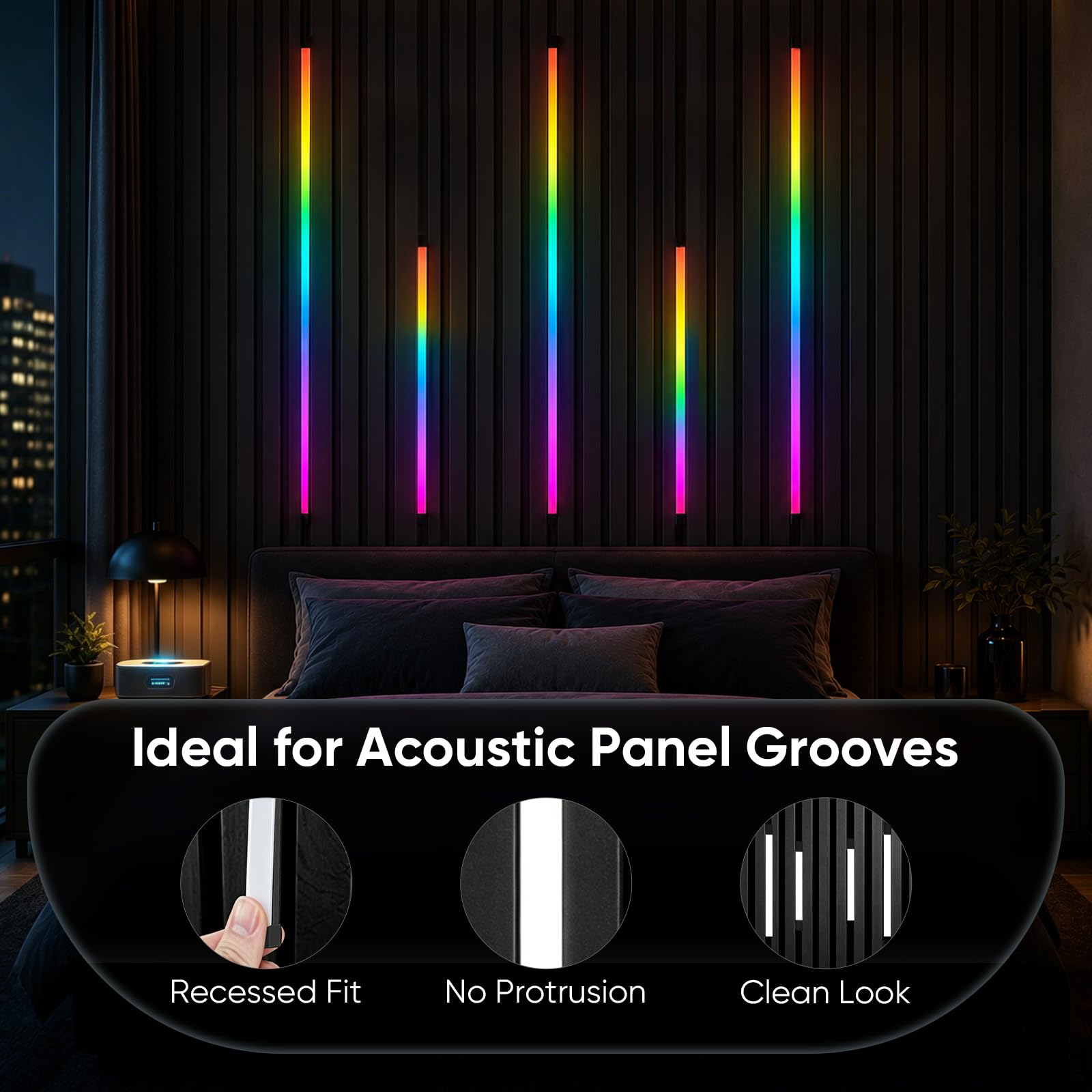 Illuminazione per Pannelli Acustici, Dimmerabile Sezionabile LED Integrati 4 LED Strisce RGB Dream Color 100cm Sincronizzazione Musicale Telecomando Regolazione Colore e Luminosità Controllo App