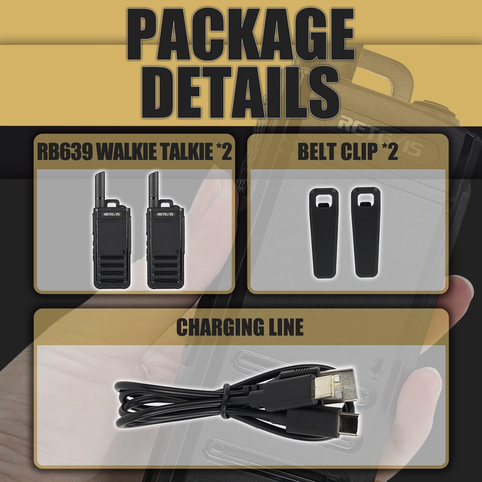 Retevis RB639 Walkie Talkie Profesional, 1000mAh, 17mm Ultrafino Walkie-Talkie, PMR446, USB-C, VOX, Alarma de Emergencia, Walkie Portátil para Restaurantes, Tiendas (2 Piezas, Negro)