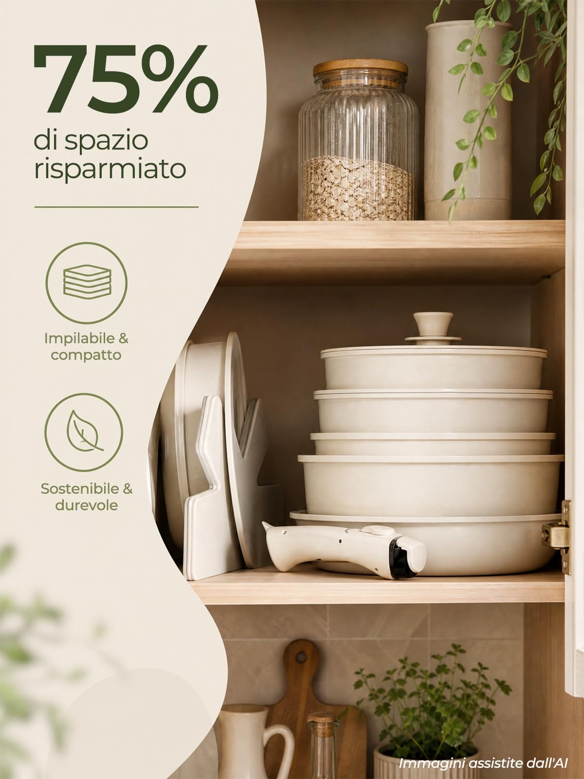 Set pentole antiaderente 17 pezzi - Batteria di cucina con manico removibile - Rivestimento ceramico antiaderente