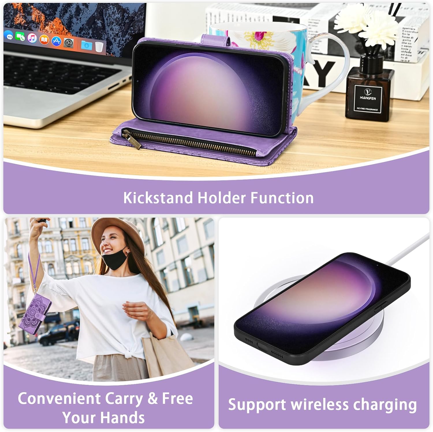 Asuwish Phone Case for Samsung Galaxy S23 5G Zipper Wallet Detachable Cell Cover with Tempered Glass Screen Protector Strap Flower Card Holder S 23 23S GS23 G5 SM-S911U 6.1 inch Women Men Girls Purple