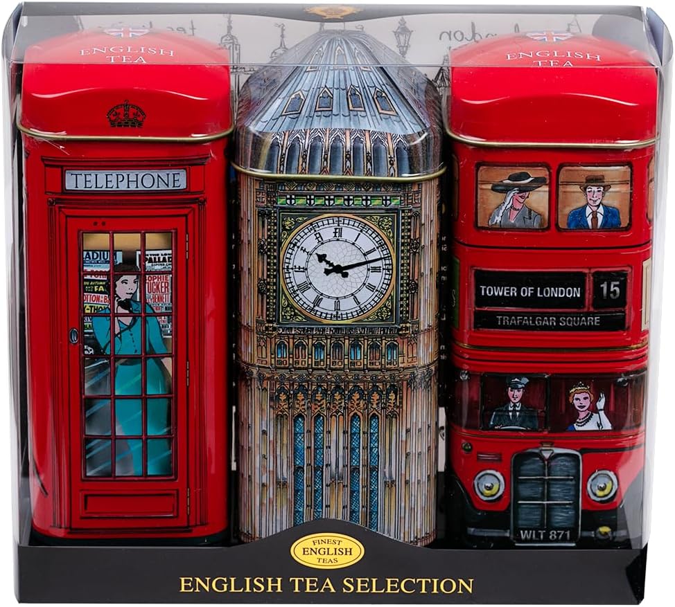 British Heritage 3x Tea Tins with 42 English Teabags (Big Ben, Red London Bus, Telephone Box)
