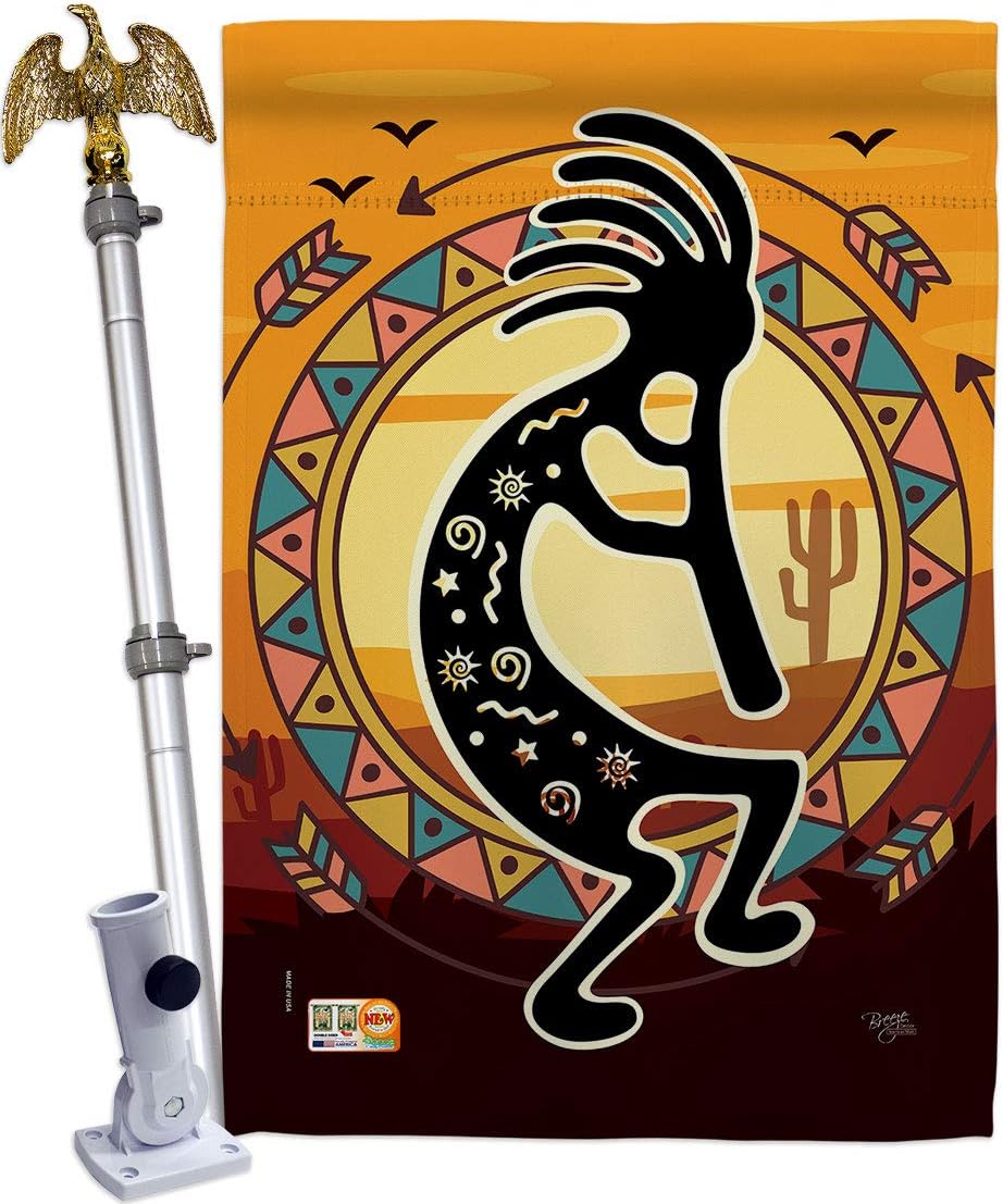 Kokopelli Playing Flute House Flag Dowel Set Country Living Southwest Desert Cactus Succulent Particular Area Small Decorative Gift Yard Banner Made In USA 28 X 40