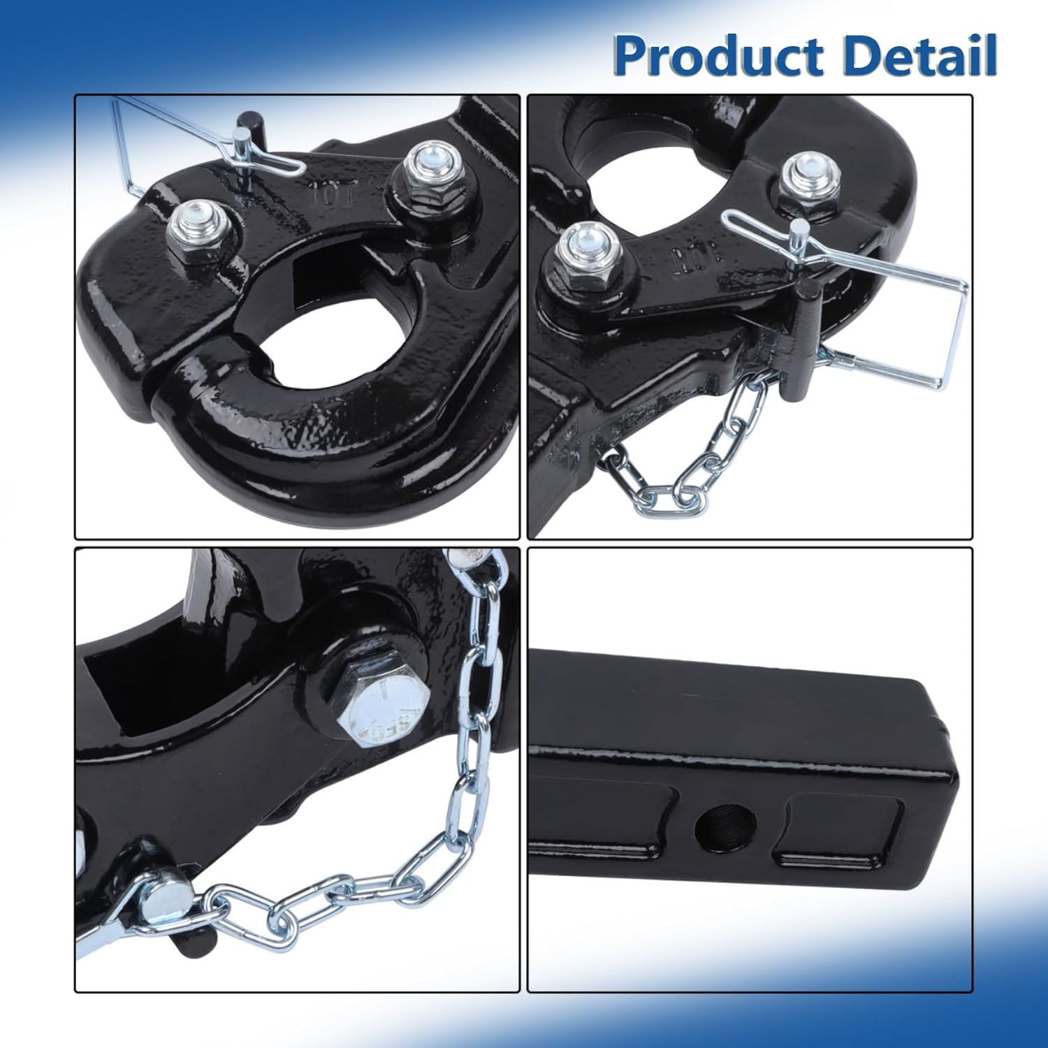 10 Ton Pintle Hook Trailer Hitches Receiver with Pin and Clips Gloss Black Powder Coated Finish 20000 LBS Suit for 2-Inch Hook Receiver 2-1/2 inch Lunette Ring