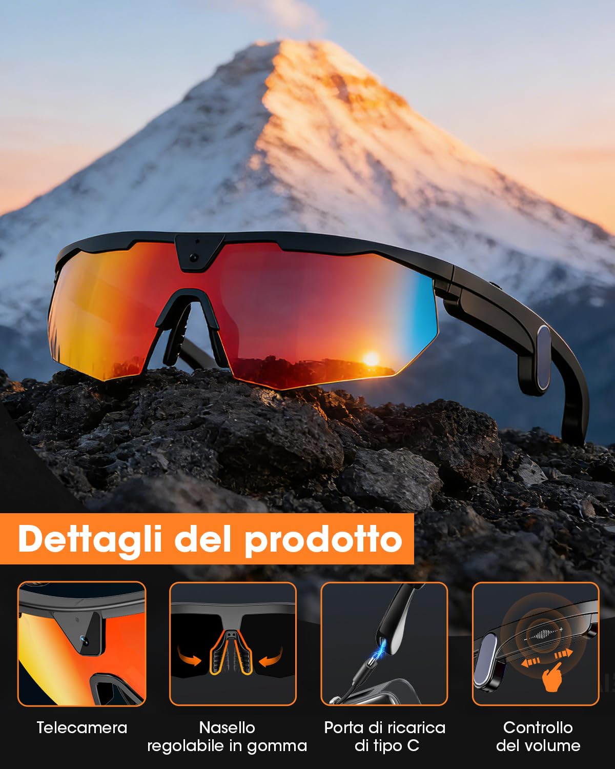 Mingtawn Occhiali Intelligenti con Fotocamera, Ciclismo Occhiali IA per Scattare Foto/Effettuare Chiamate Bluetooth/Riprodurre Musica/Tradurre/Registrare Audio, Occhiali da Sole UV400