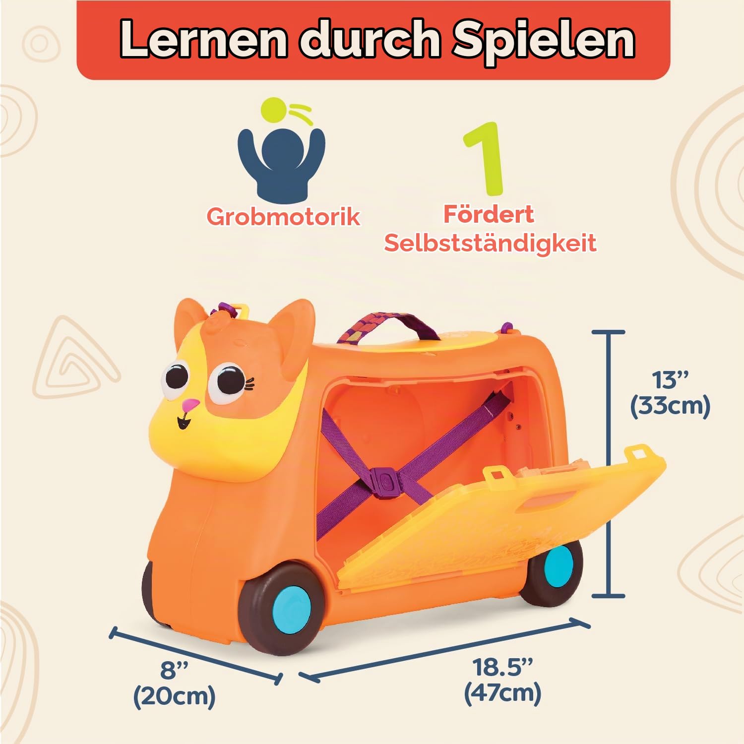 B. toys Gogo Ride-On Lolo, Kinderkoffer zum Aufsitzen, Katze | Kinderkoffer mit Stauraum, elastischen Innengurten, Trageriemen und Fisch als Schlüssel, Katze, Stauraum im Koffer, 2+ Jahre