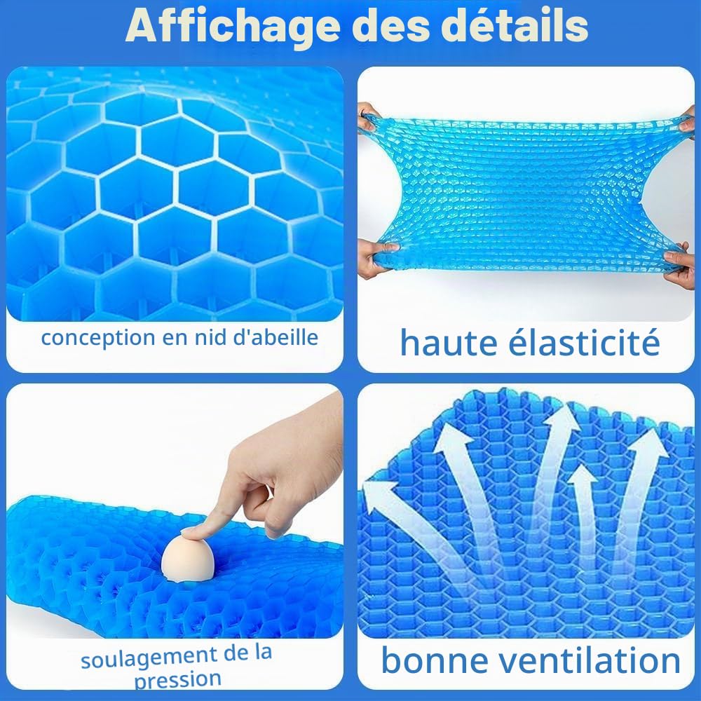Coussin de chaise extra épais en gel pour siège de voiture - 42 x 36 x 6 cm d'épaisseur - Coussin de fauteuil roulant en gel nid d'abeille pour conduite, voyage en avion, orthopédique, coccyx