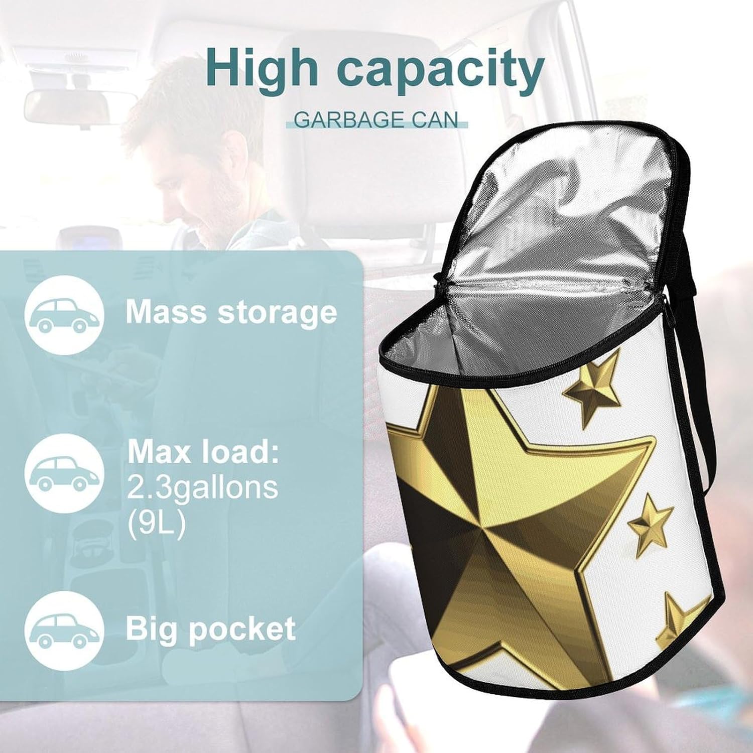 MUSM Leakproof Car Trash Can 2.5 Gallon, Durable Automotive Garbage Bag with Waterproof Liner, Gold Star Trash Bag for Car, Truck, RV & Bathroom