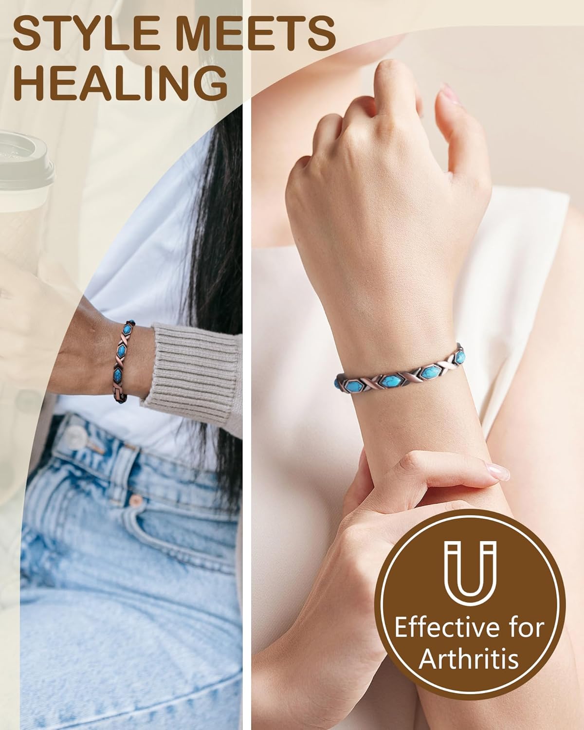 Feraco Pure Copper Bracelets for Women, Ultra Strength Magnetic Bracelet with 3800 Gauss Magnets & Natural Turquoise & Stones, Adjustable, Jewelry Gift - Image 4