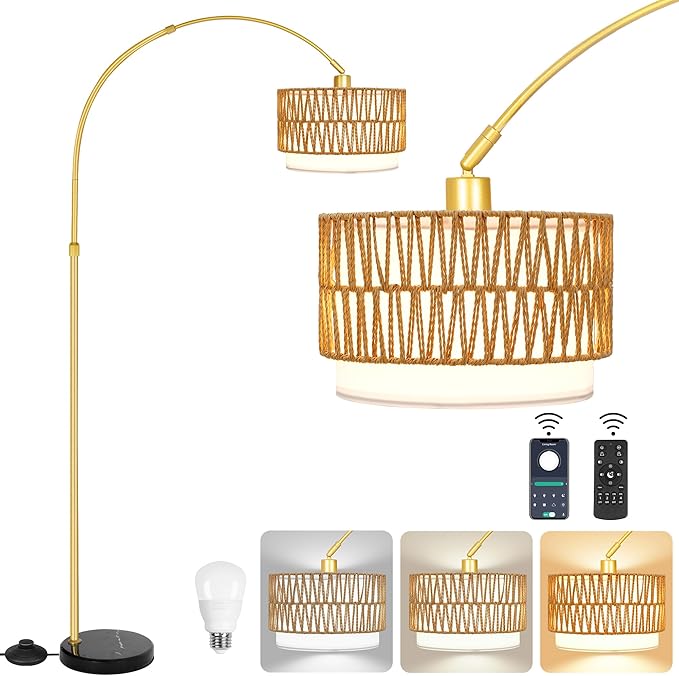 Fttoyoly Rattan Floor Lamp for Living Room Arc Boho Floor Lamp with Rattan & Linen Double Shades Adjustable Tall Wicker Lamps with 3 Color Temperatures for Bedroom Office Reading,Gold