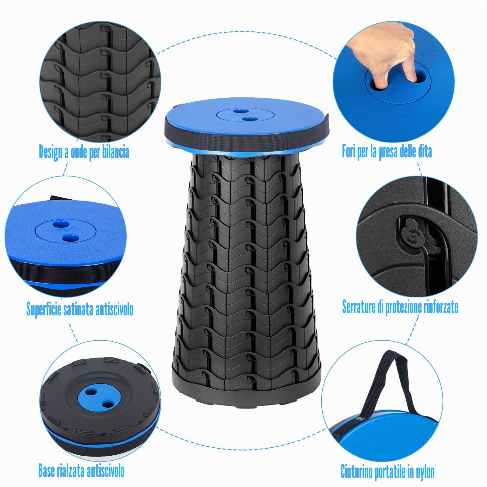 Sgabello Pieghevole Portatile, Sedia Portatile Regolabile in Altezza 6,5~45 cm, Sedie da Campeggio Telescopico per Esterni, Pesca, Barbecue, Carico Massimo 180kg /397lb