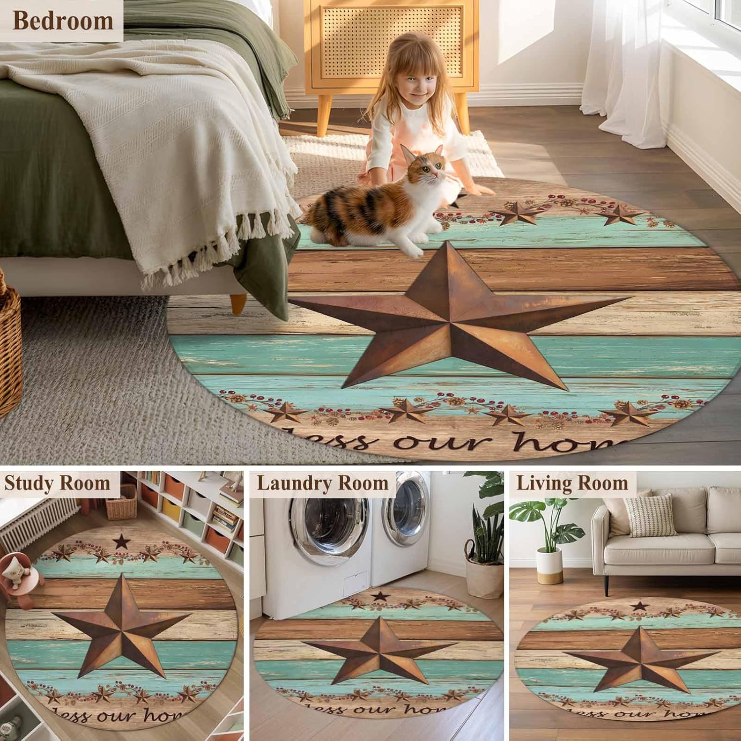 DecorLovee Small Round Rug 3Ft Non-Slip, Western Texas Star Vintage Circle Area Rugs for Living Room Bedroom, Retro Farmhouse Brown Green Wood Grain Indoor Floor Mats Carpet Runner for Home Decor