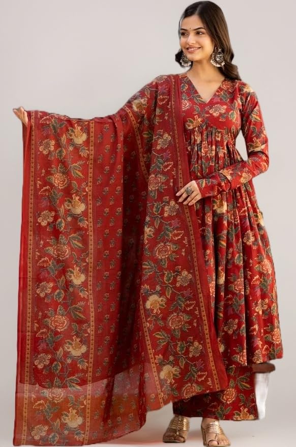 Women's Cotton Blend V-Neck Anarkali Printed Kurta with Palazzo & Dupatta