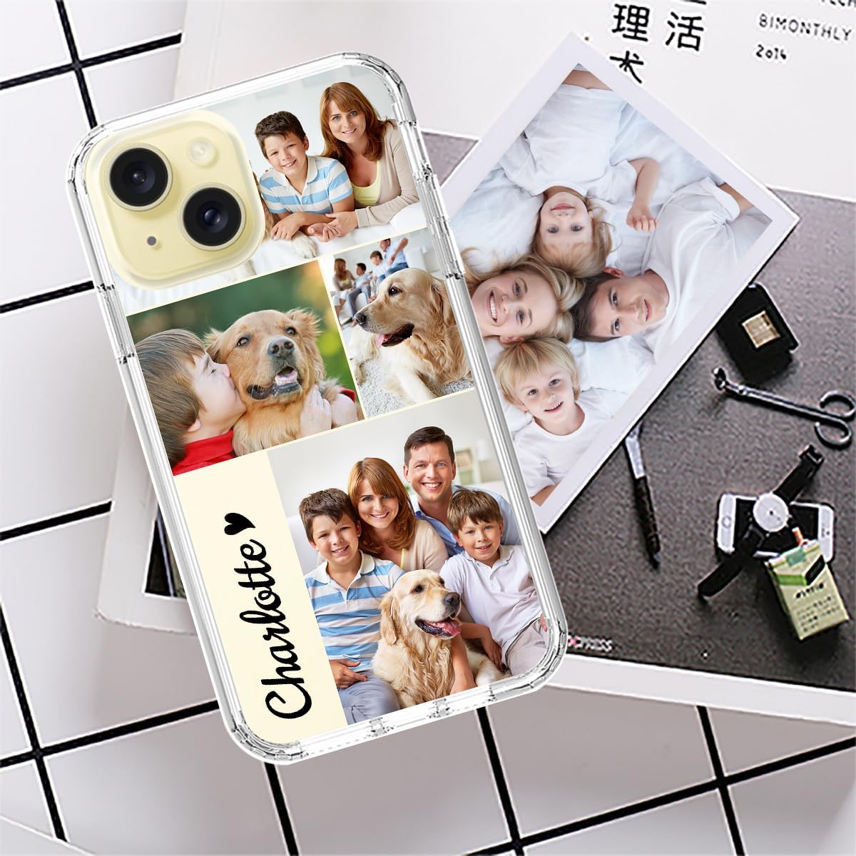 Custom Phone Case for iPhone 15,Bumper Heavy Duty Phone Case Multi-Picture Collages Personalized Photo Case with Screen Protector 3 in 1 Military Grade Full Body Protective Phone Cover Clear J