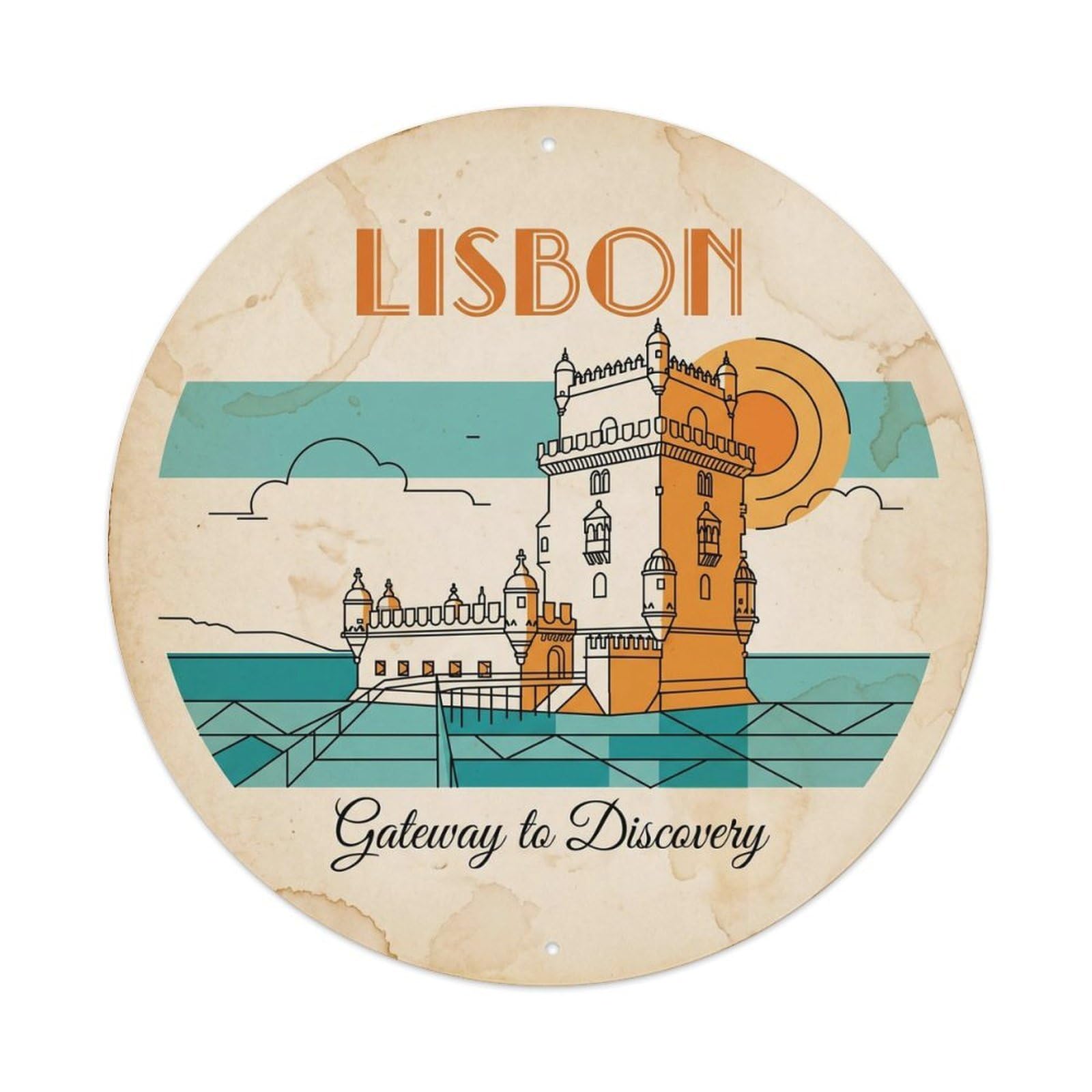 Vintage Travel Tower Portugal Vintage Metal Tin Sign Plaque Wall Decor for Cafe, Club, Garden Round Metal Poster 8x8Inch