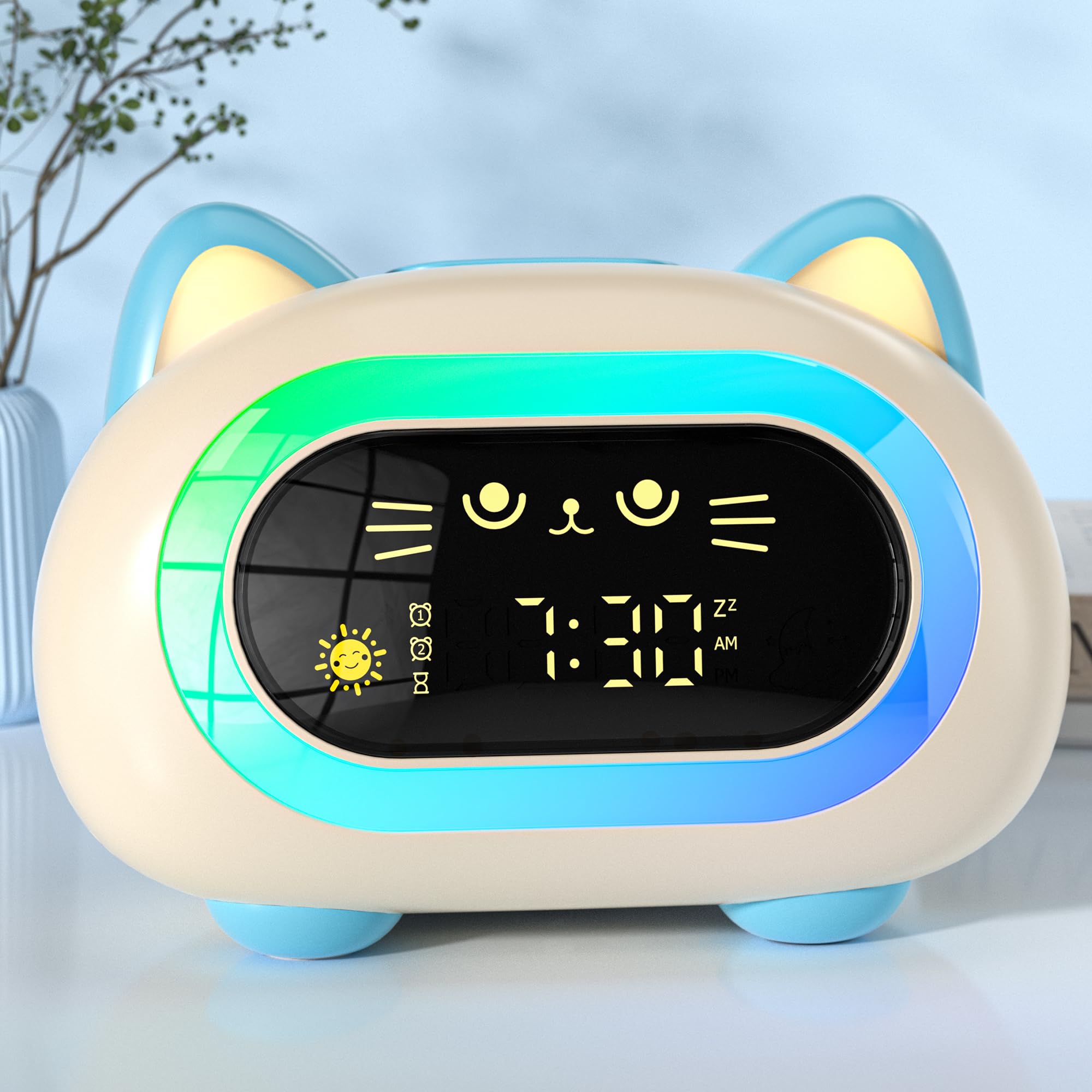 Blue Cat Kids Alarm Clock, Dual Alarm, 10 Color Night Light, Sleep