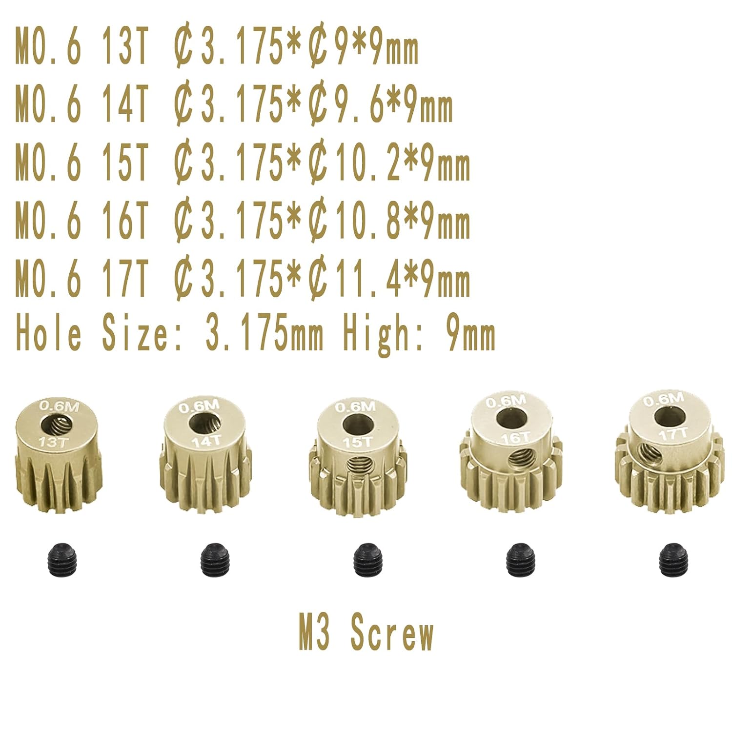 0.6M RC Pinion Gear Set 3.175mm 13T 14T 15T 16T 17T 5PCS 7075 Aluminum