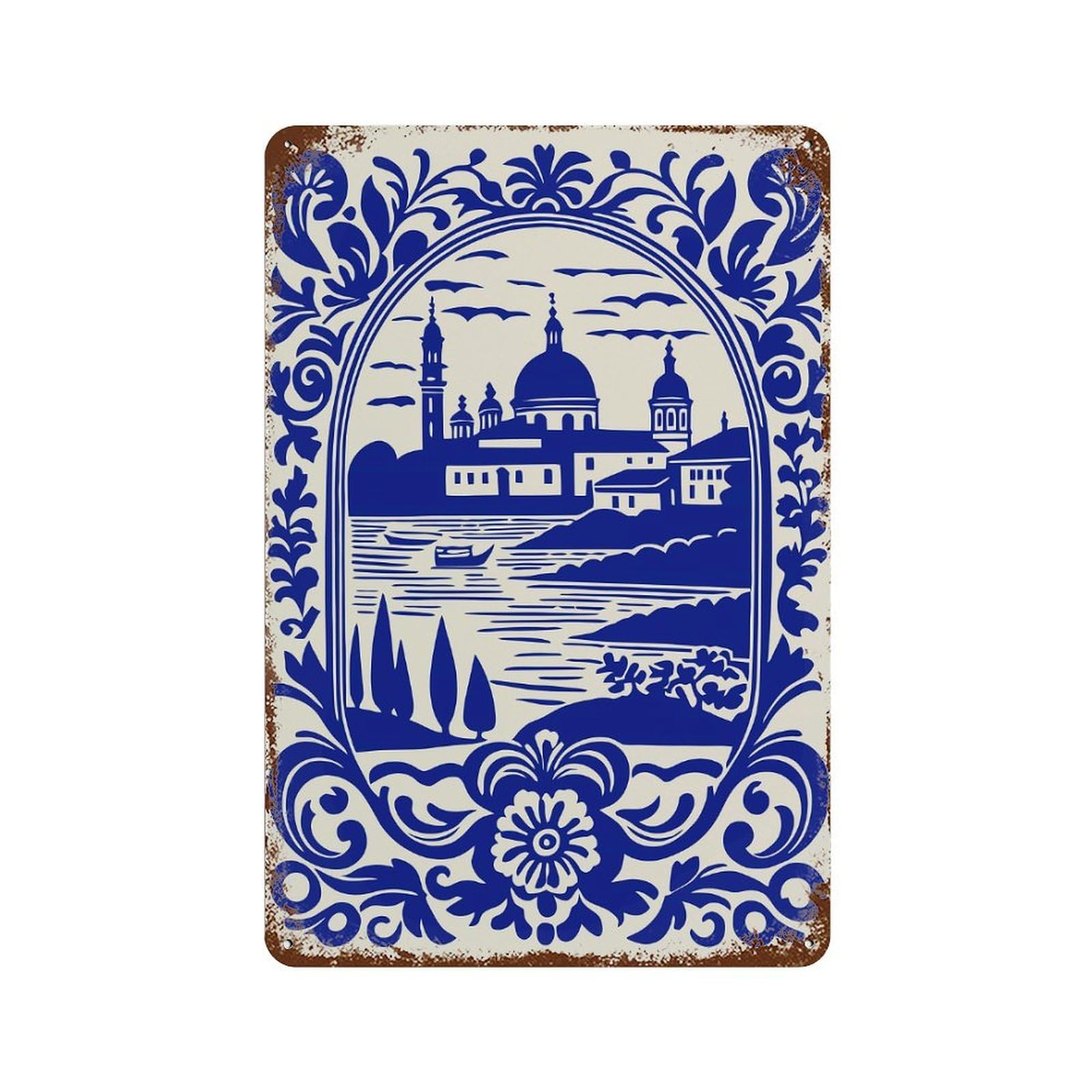 Blue And White Landscape Illustration Rusty Metal Tin Sign 11.8"x7.9", Old School Wall Decor for Garage, Pub Or Kitchen