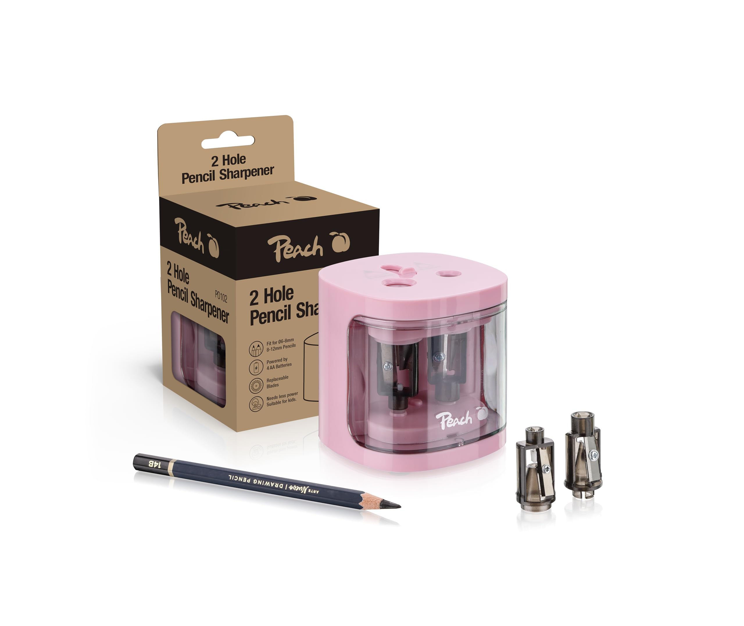 Peach PO102 Electric Universal Pencil Sharpener Pink with Spare Parts for All Pencils, Colouring Pencils, Eyeliner and Wax Crayons