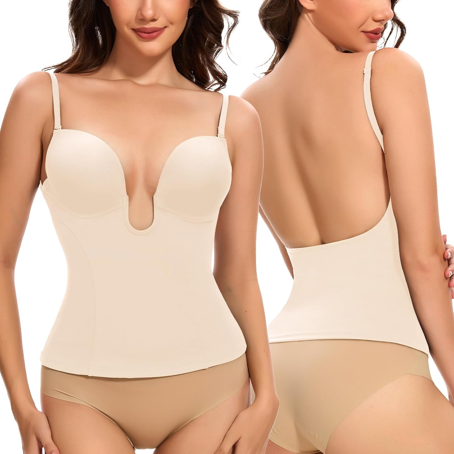 Slimers Backless Plunge Push Up Bra: Low Back Bras for Deep V Neck - Women Low Cut Shapewear Tops for Women