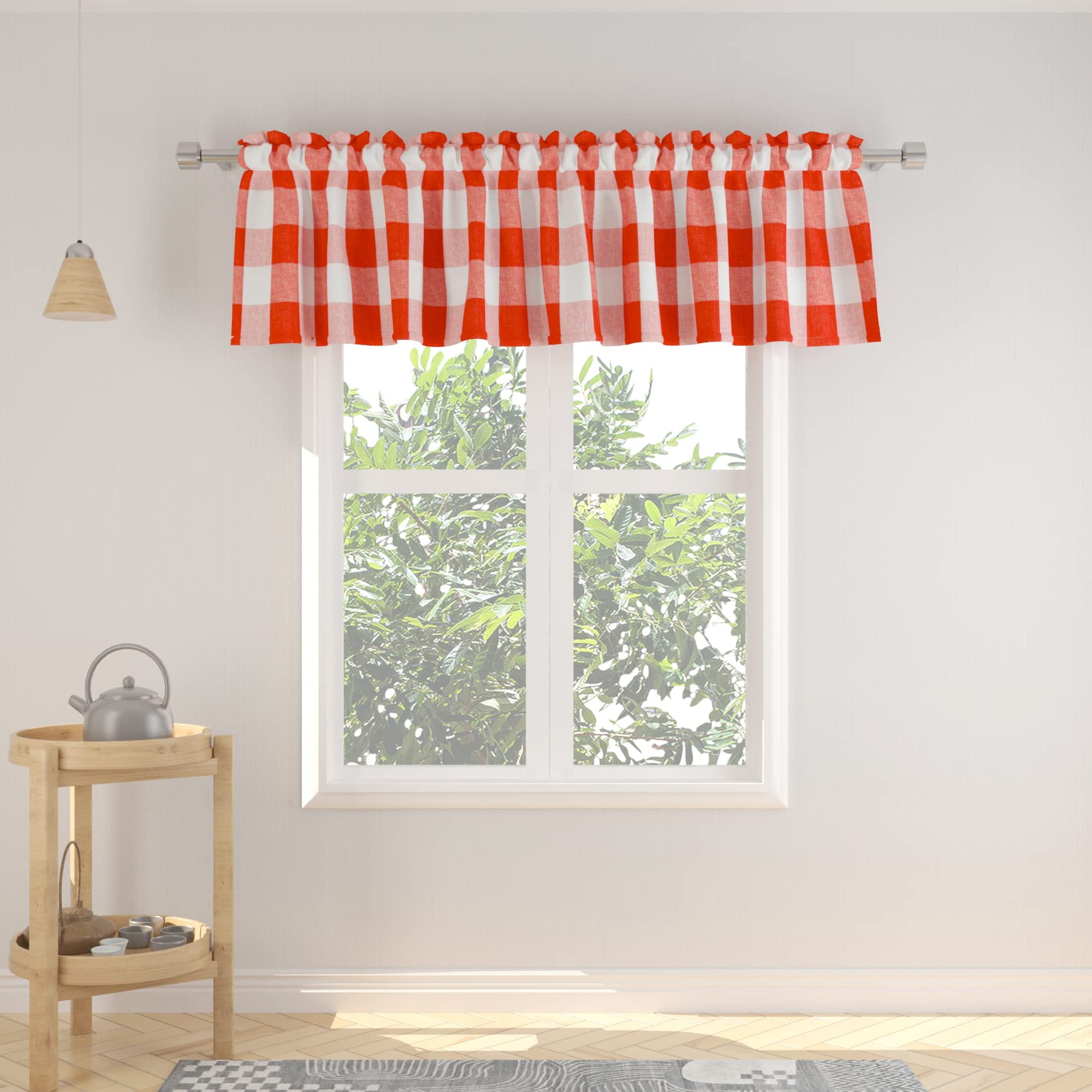 NATUS WEAVER Window Valance 14 inch Length 1 Panel Buffalo Plaid Gingham Rod Pocket Farmhouse Window Curtains Valances Living Room Bedroom Burgundy Red & White โ image 1