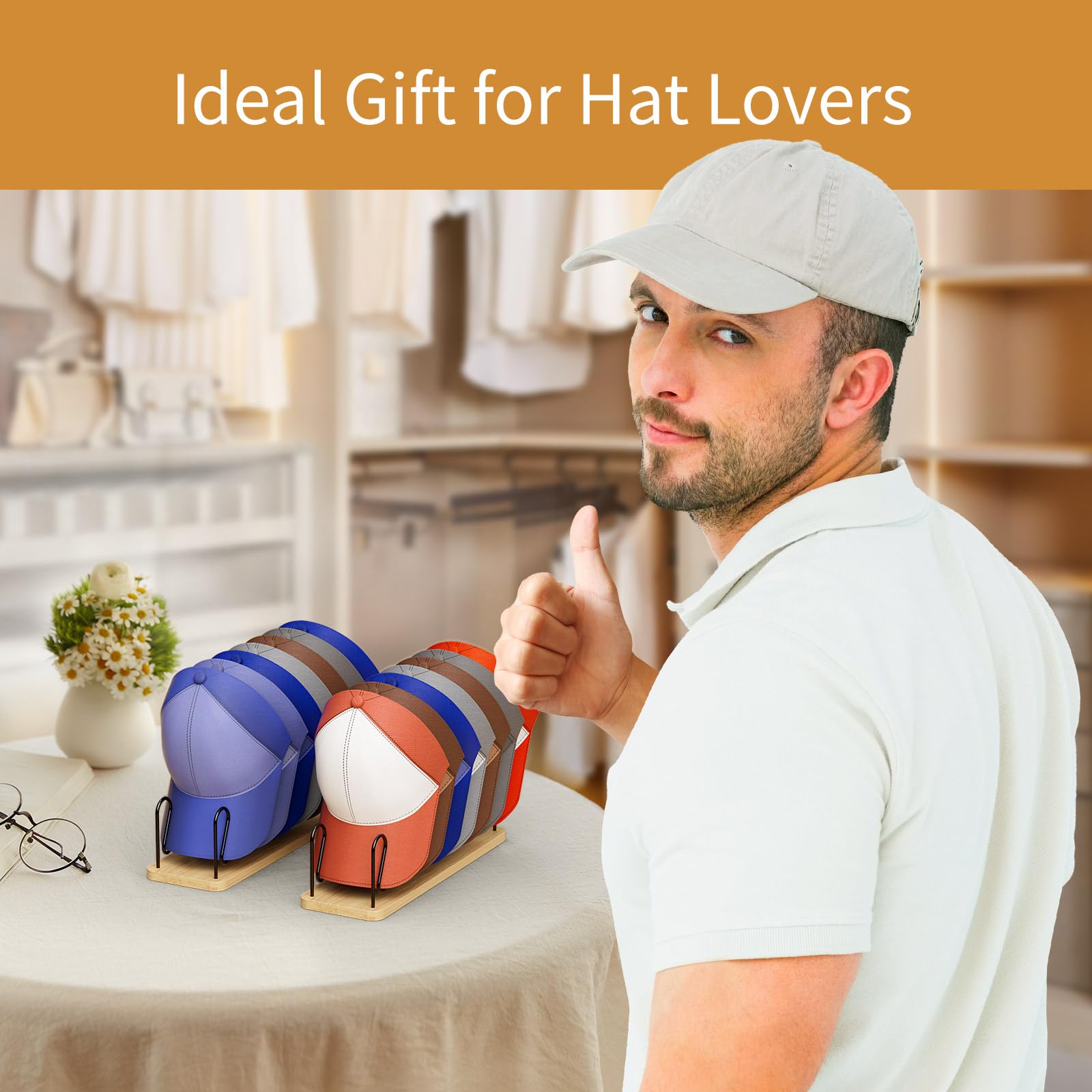 Organizer per cappelli da baseball, confezione da 2 pezzi, in legno, per riporre fino a 14 cappellini