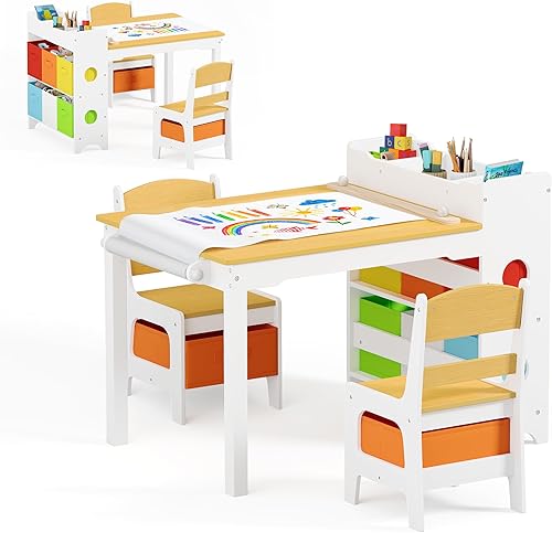Miniatura 8 de Kinder King Juego de mesa de arte y silla de caballete para niños, mesa de actividades de madera 3 en 1, 6 contenedores de almacenamiento, rollo de