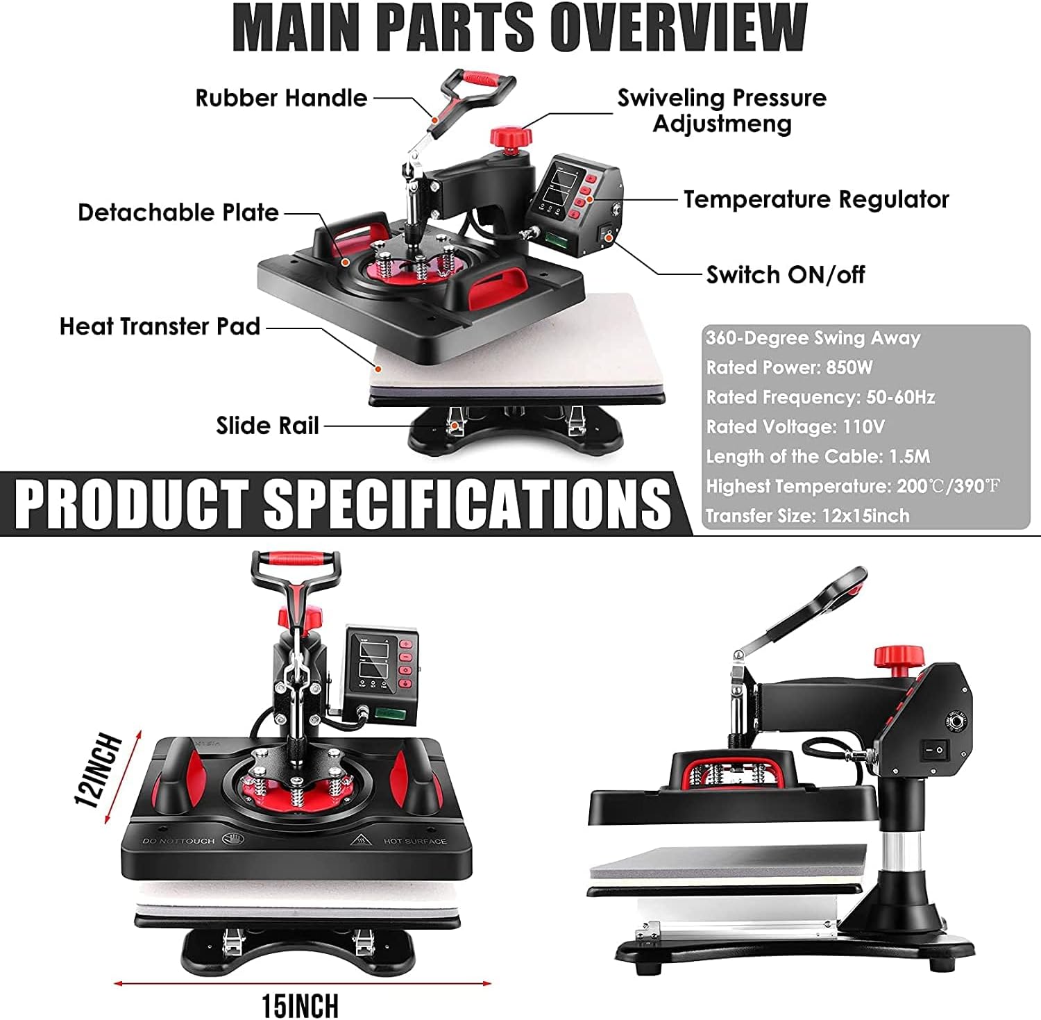 AKEYDIY Heat Press Machine 15 x 12 Inch T Shirt Press Machine 360-Degree Swing Away Digital Shirt Printing Press Machine Heat Transfer Sublimation for T Shirts Mugs Hat Plate Cap (8 in 1)