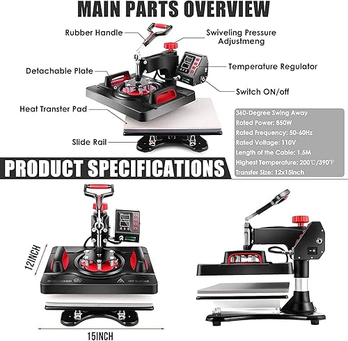 Miniatura 7 de AKEYDIY Máquina de prensa de calor de 15 x 12 pulgadas, máquina de prensa de camisetas digital de 360 grados, sublimación de transferencia de calor