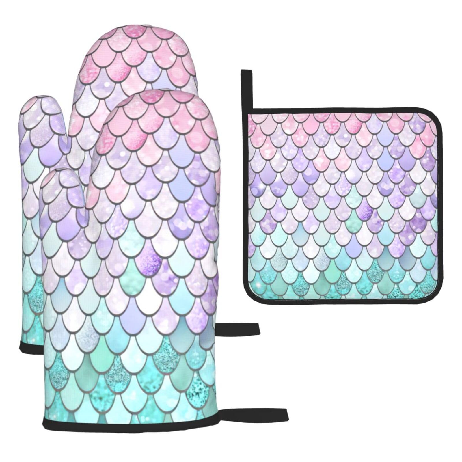 Mermaid Pastel Pink Purple Aqua Tea Print Oven Mitts Kitchen Gloves Set Everyday Baking Grilling Microwaving Cooking Gift