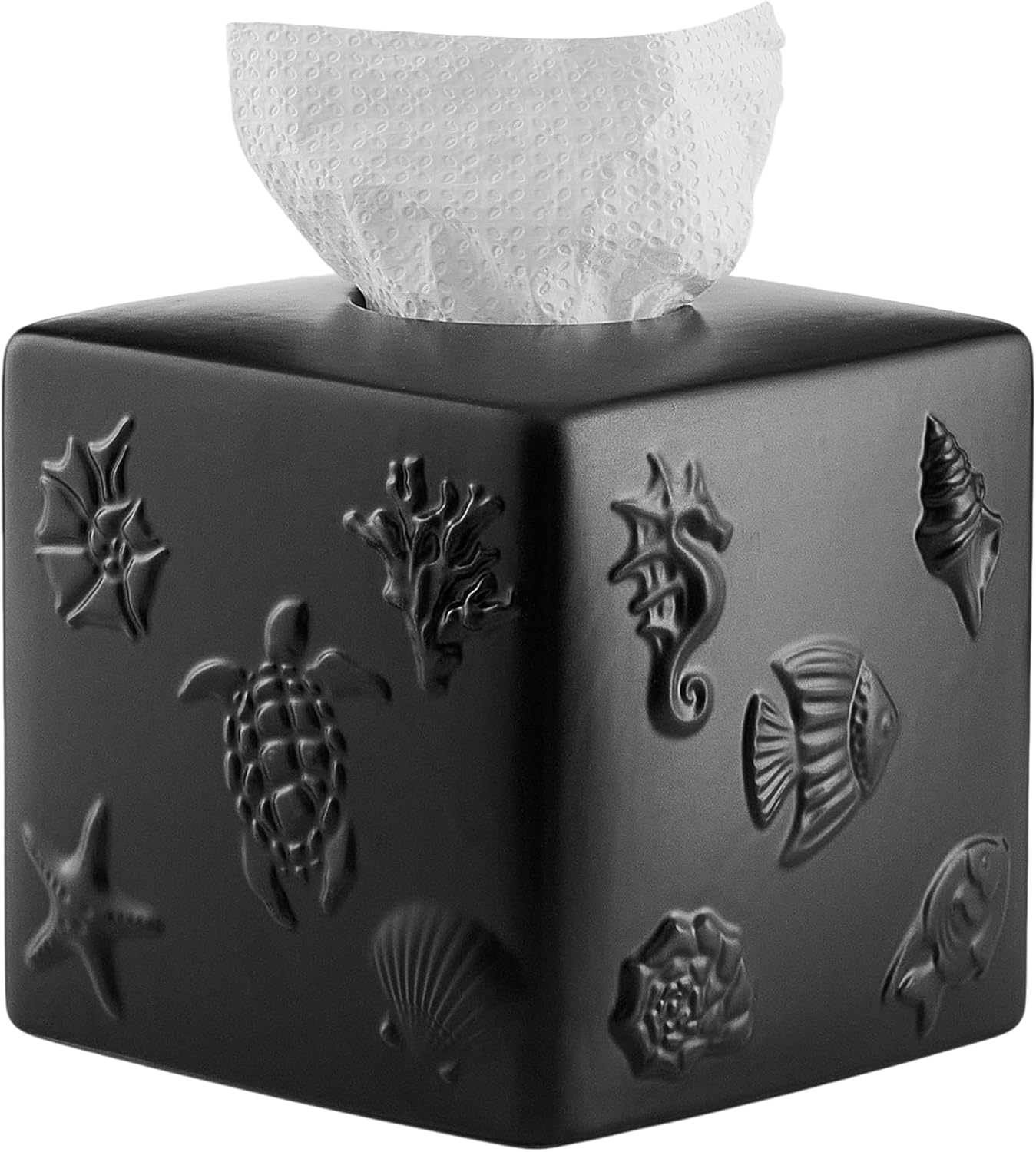 Black Ceramic Sea World Tissue Box Cover, Carved Marine Life Large Square Tissue Box Holder Decorative for Bathroom, Vanity, Kitchen Countertop, Bedroom Night Stands, Office Desk Top