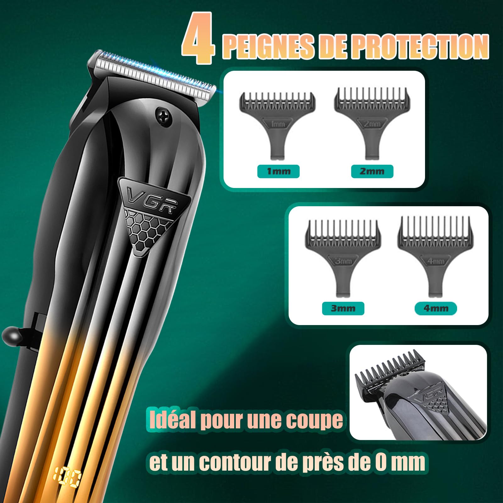VGR 644 Tondeuse Pour Hommes Professionnelle | Tondeuse à Barbe Sans Fil & Rasoir Électrique, Kit de Coupe de Cheveux Rechargeable 3 Pièces avec Écran LED