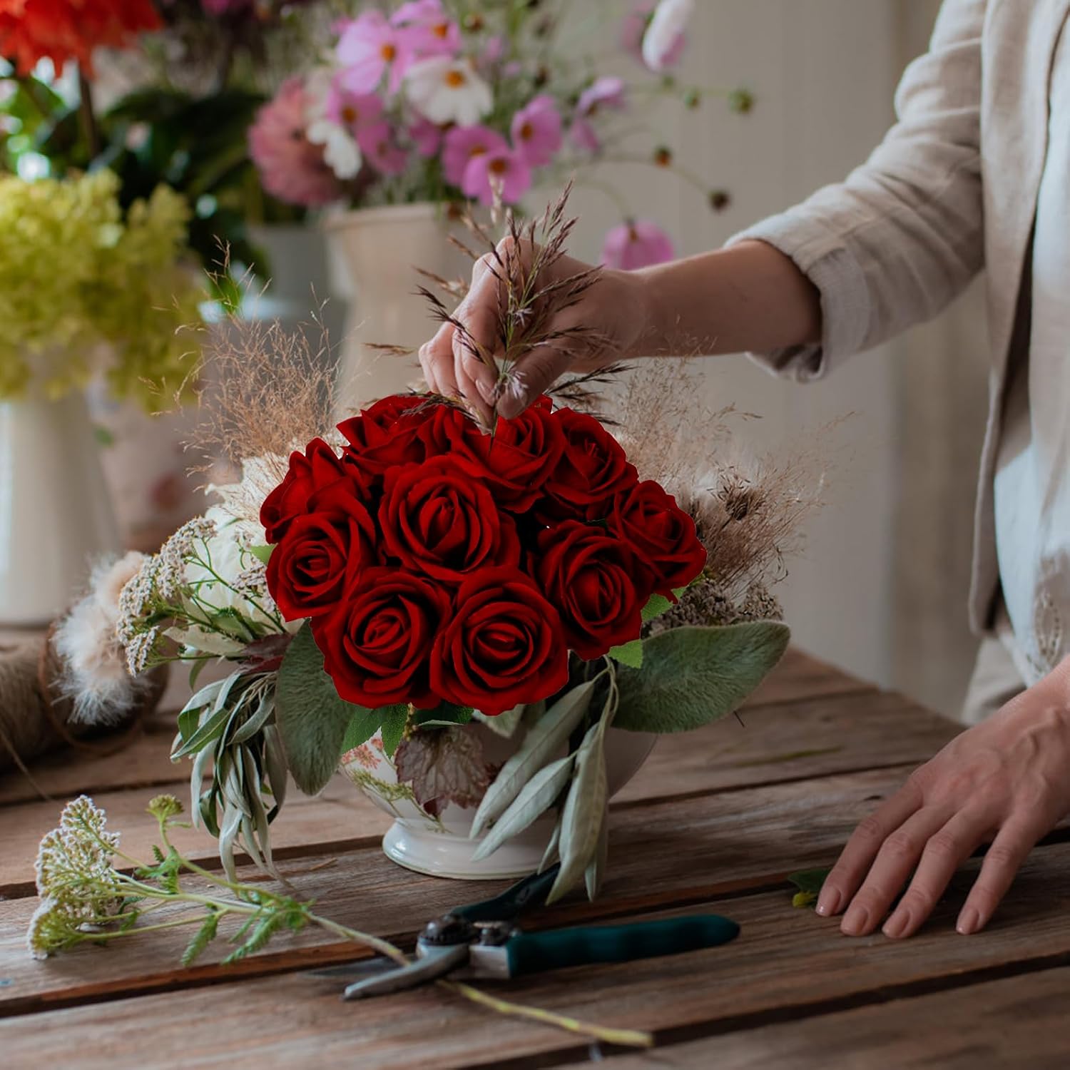 12 Pcs Artificial Rose Flowers, Dark Red Silk Roses with Long Stems, Realistic Fake Roses for Wedding Centerpiece Party Home and Office DIY Decor - Image 7