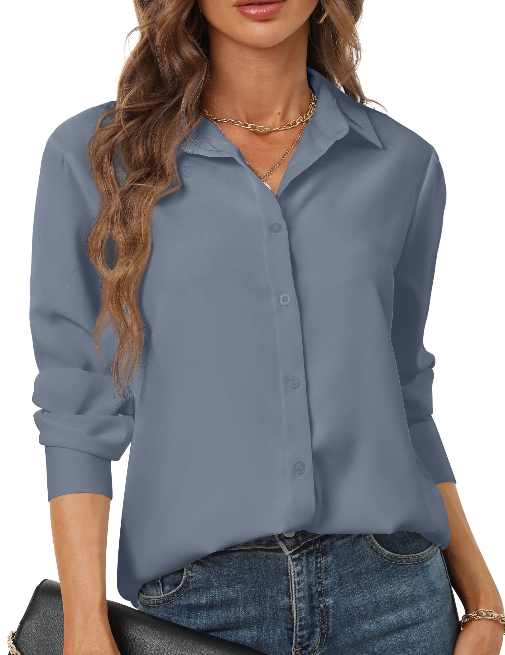 hearainWomen's Button Down Shirts Basic Classic Soft Shirt Collared Long Sleeve Dressy Casual Solid Color XS-XXL
