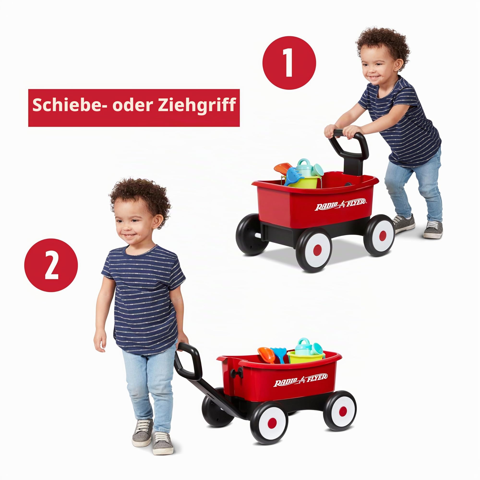 Radio Flyer Push & Pull Walker Kombi mit Gartengeräten, roter 2-in-1 Wagen für Kleinkinder, für 1–4 Jahre