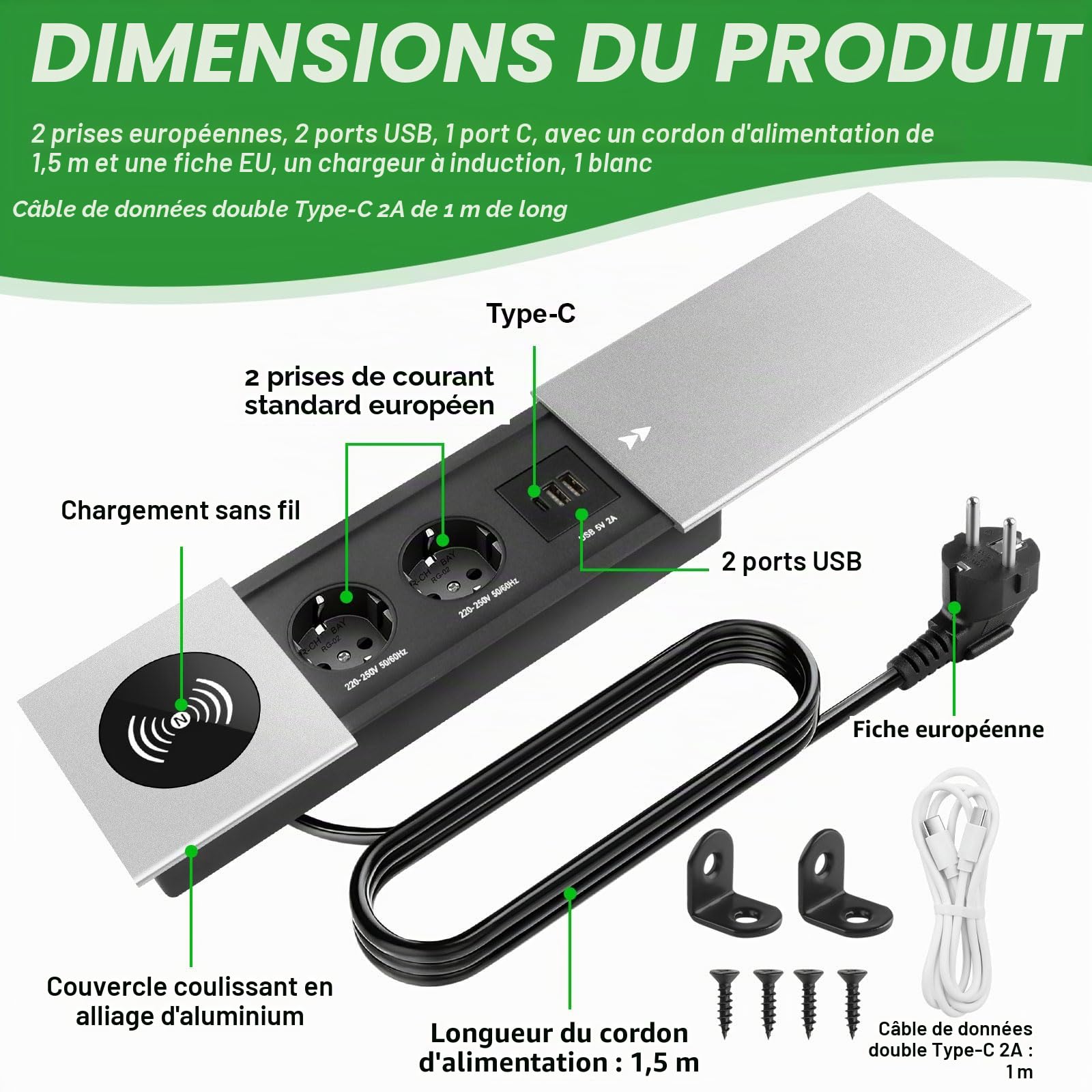 Multiprise encastrable escamotable 2 Prises Multiprise intégrée USB C PD