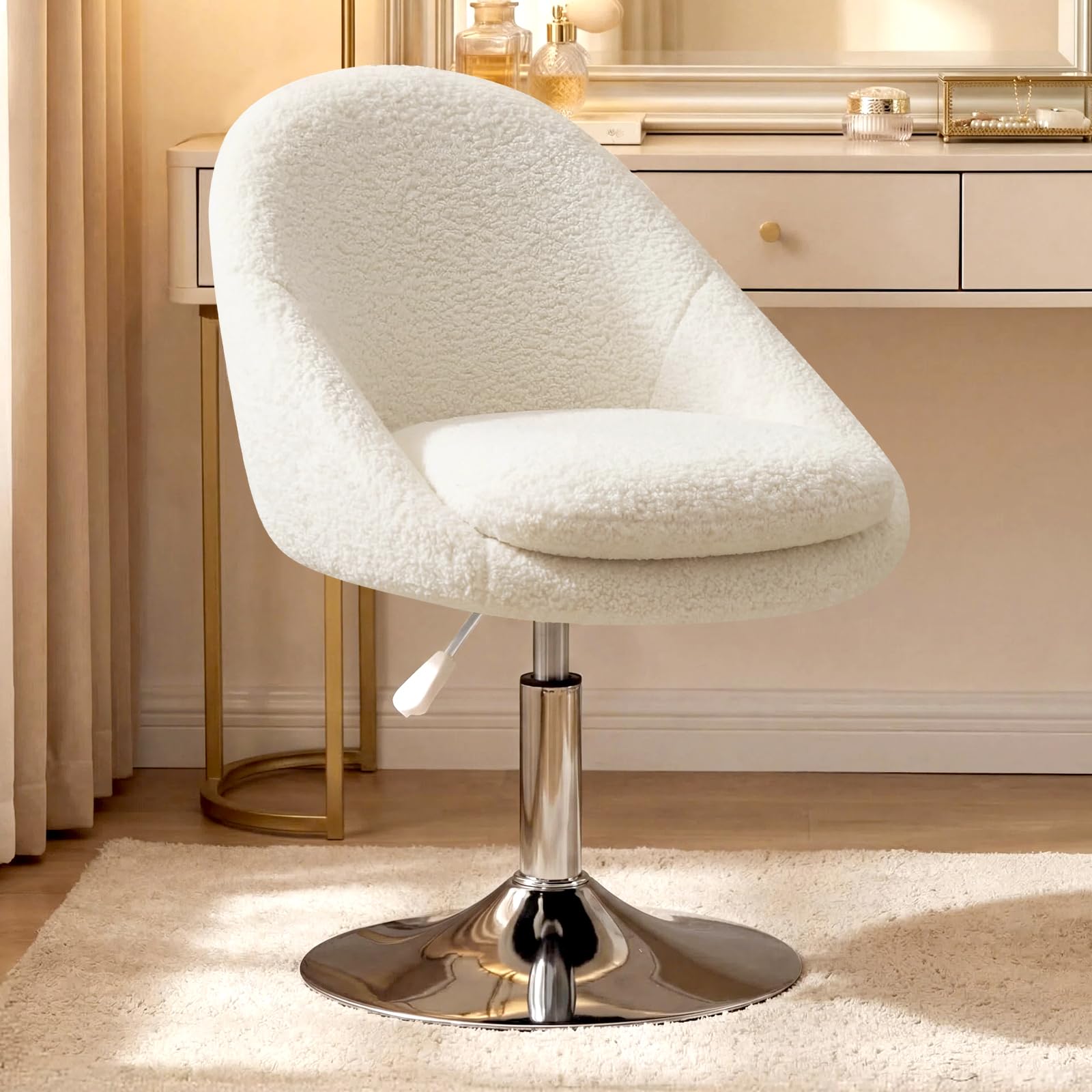 Hellove Chaise Coiffeuse Sherpa Blanc, Tabouret de Coiffeuse 360° Pivotant, Tabouret Siège Vanity Chair Hauteur Réglable avec Rembourrage Épais (10 cm) Double Couche pour Salon Chambre, 127 KG