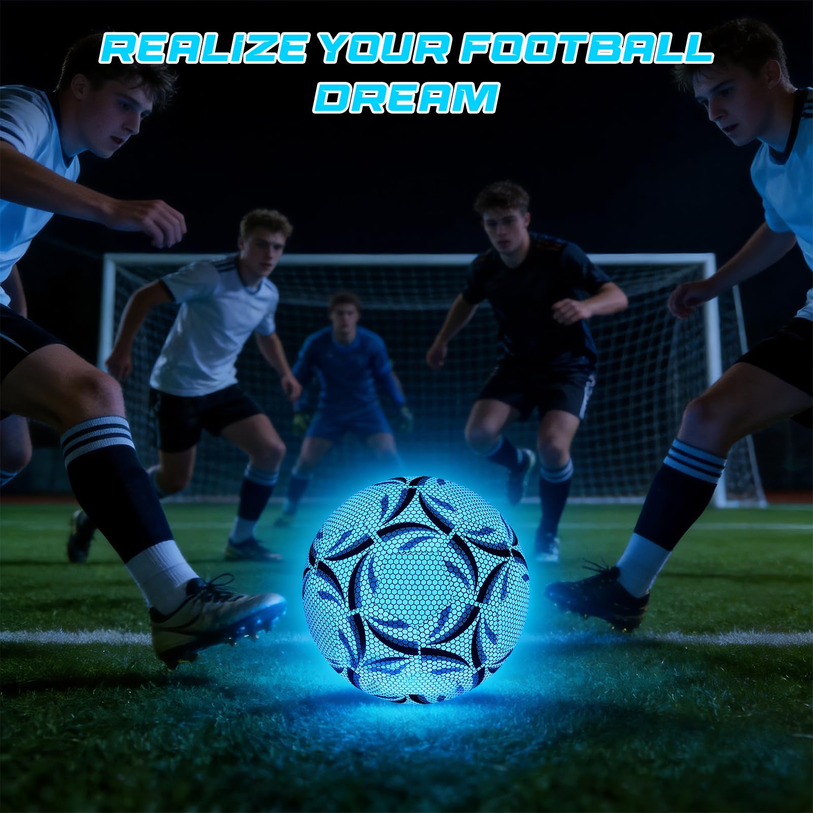 Leuchtender Fußball, Fußball Leuchten im Dunkeln Größe 5, Reflektierender Fussball mit Pumpe für Nachtspiele Training, Sport Leuchtfußball für Erwachsene (Blau)