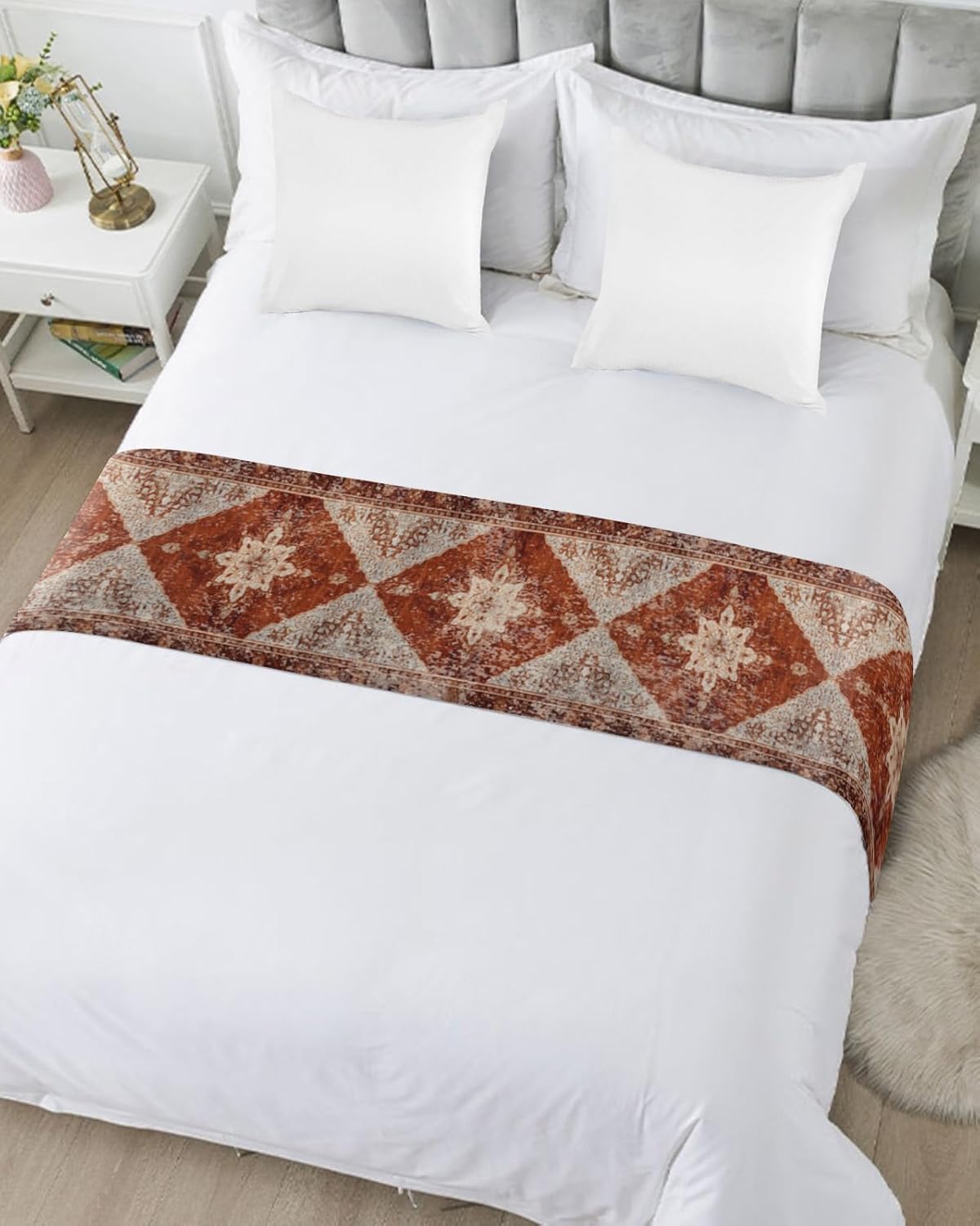 Geometric Bed Runner Scarf Bedding Accessory For Queen Size Bed,Soft Bed Scarves And Runners Stainproof Dustproof Bedroom Protector For Hotel,Retro Classic Historical Oriental Painting 94"x20"