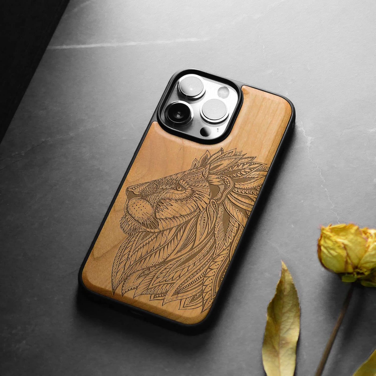 Carveit Magnetic Wood Case for iPhone 14 Pro Case [Natural Wood & Black Soft TPU] Unique & Classy Wooden Shockproof Protective Cover Compatible with magsafe (Hand Drawn of Lion -Cherry)