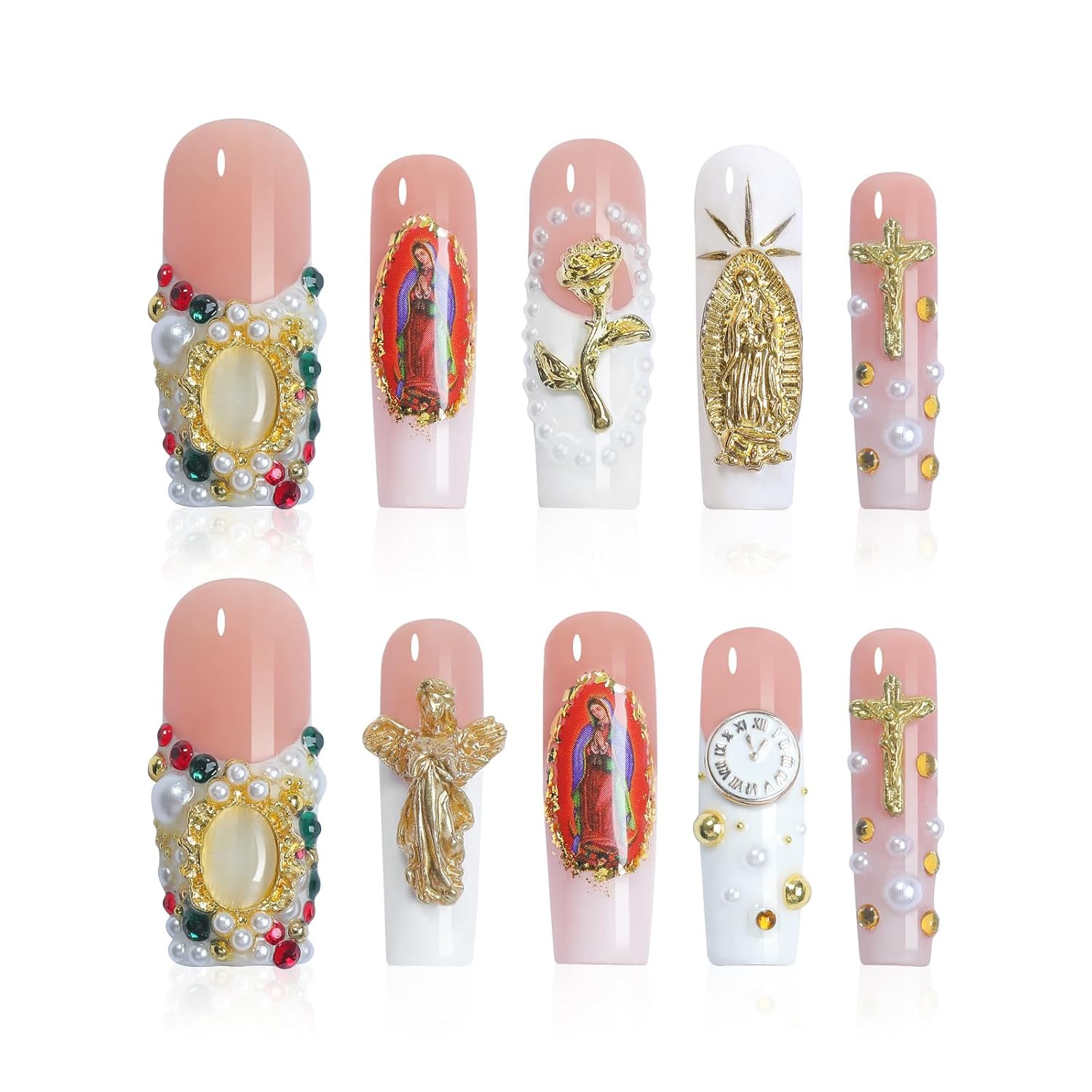 Handmade 3D Press on Nails - Pink Nail Tips with Rose, Acrylic Press on Nail for Birthdays Weddings Music Festivals and Party