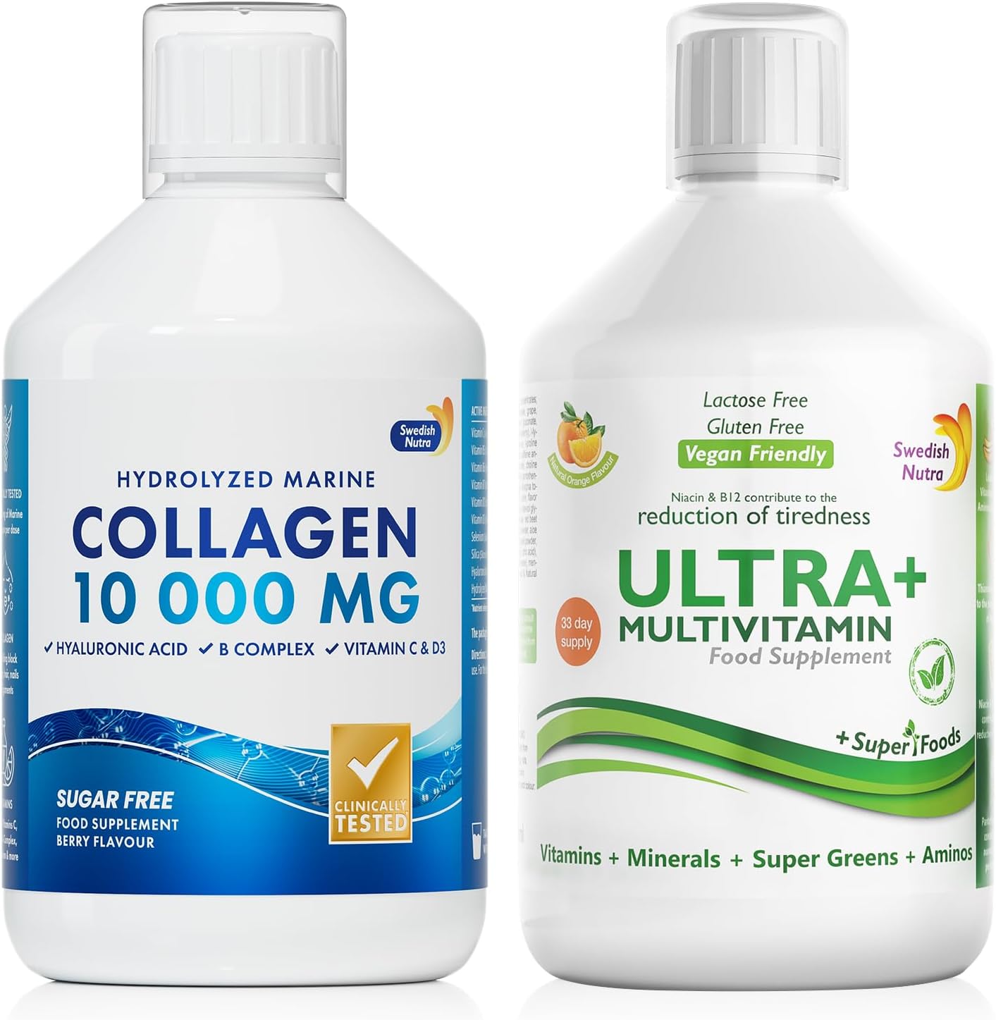 Hydrolyzed Marine Collagen & Ultra+ Multivitamin Liquid Supplements | Peptide, Vitamins & Greens to Boost Skin, Hair, Nails, Joints, Energy & Immunity | Natural Flavours