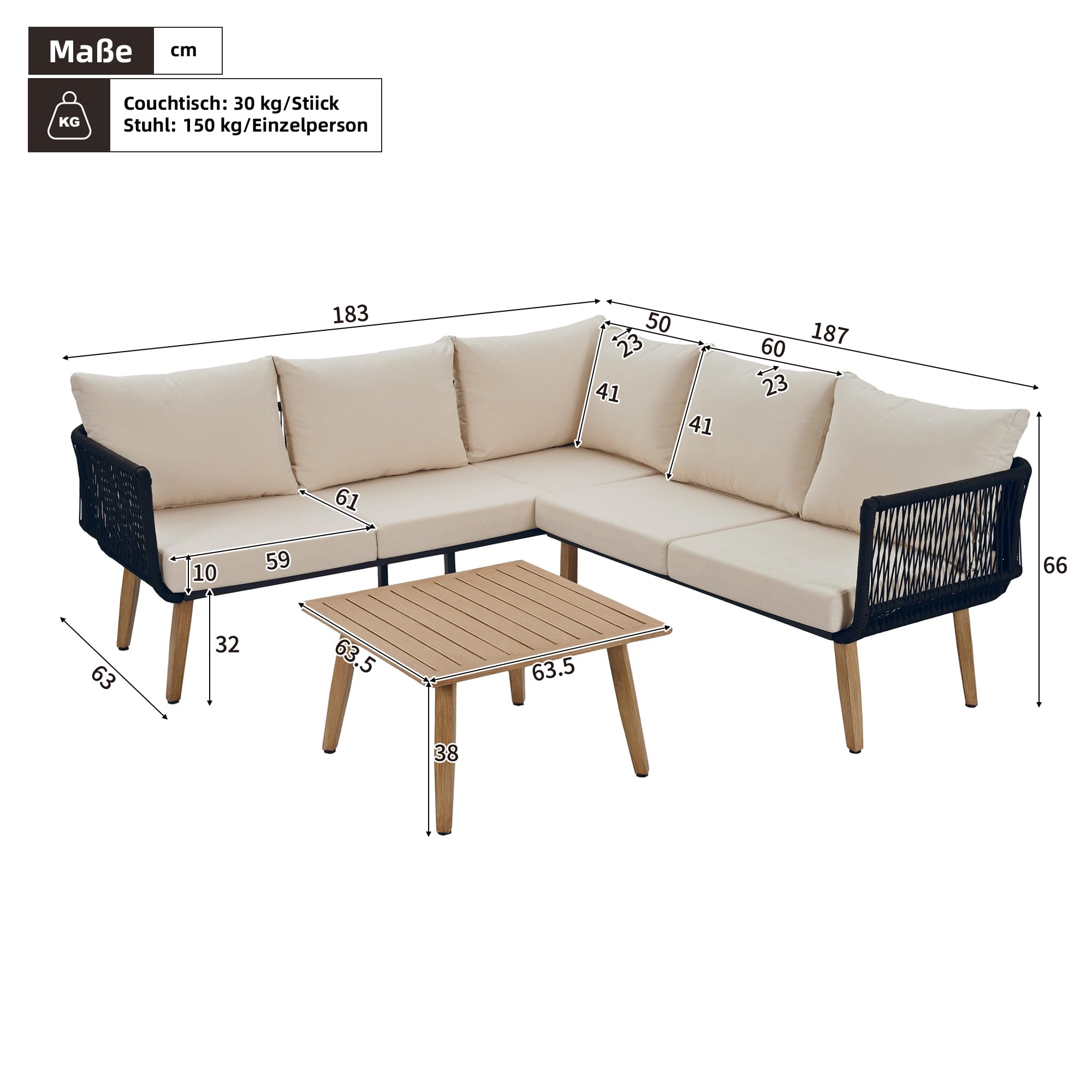 Merax Gartenmöbel-Set mit Sofa & Couchtisch, Outdoor Lounge-Set aus verzinktem Stahl, Olefin-Polster & geflochtenem Seil, Tischplatte in Holzoptik für Garten, Terrasse & Balkon, Beige + Schwarz