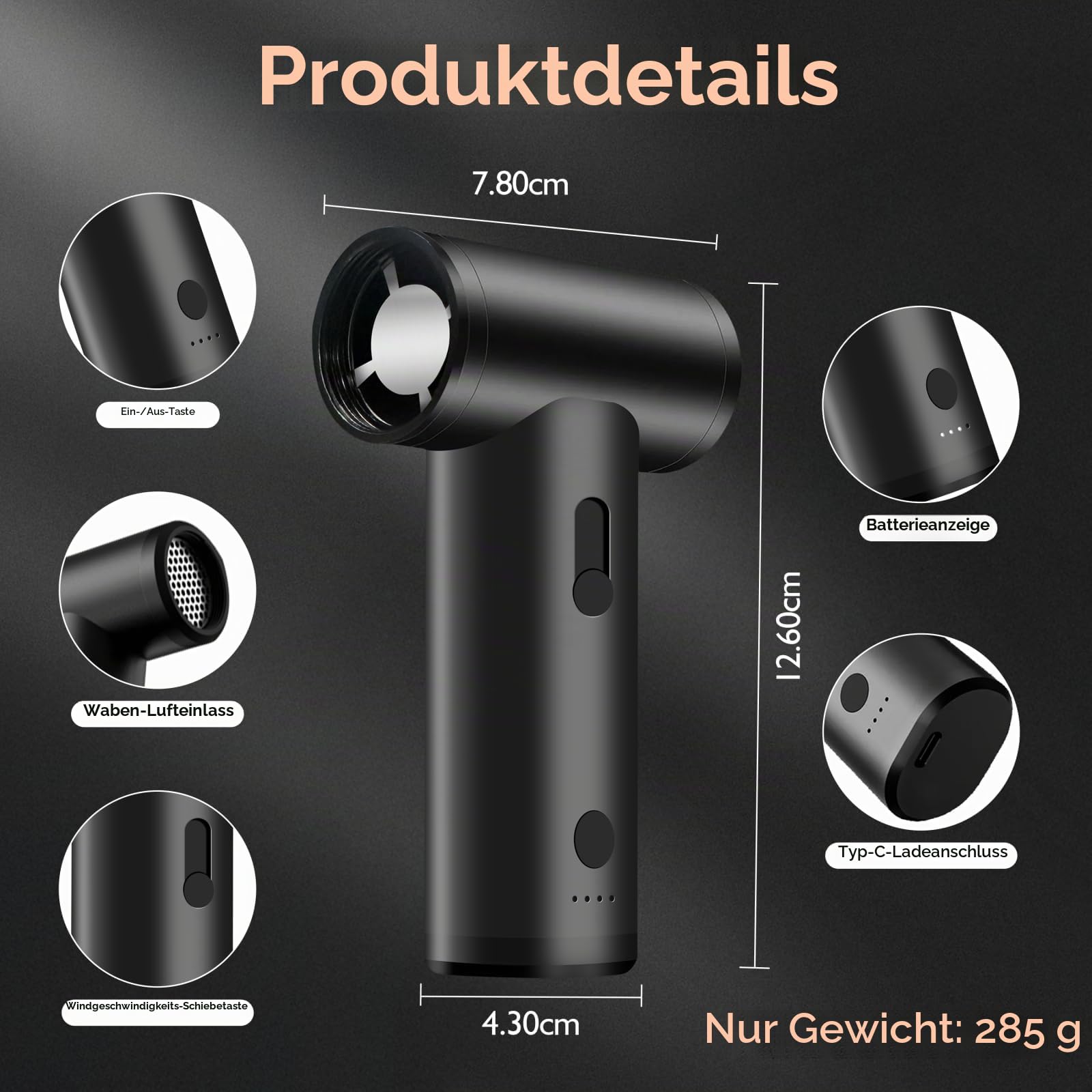 MERTTURM Elektrische Staubgebläse, 5-in-Eins Mini-Gebläse aus Aluminiumlegierung, 120000 U/min Druckluftspray Reinigungsgeräte, Turbo Jet Air Duster Luftdruckspray für PC, Elektronik, Sofa, Auto