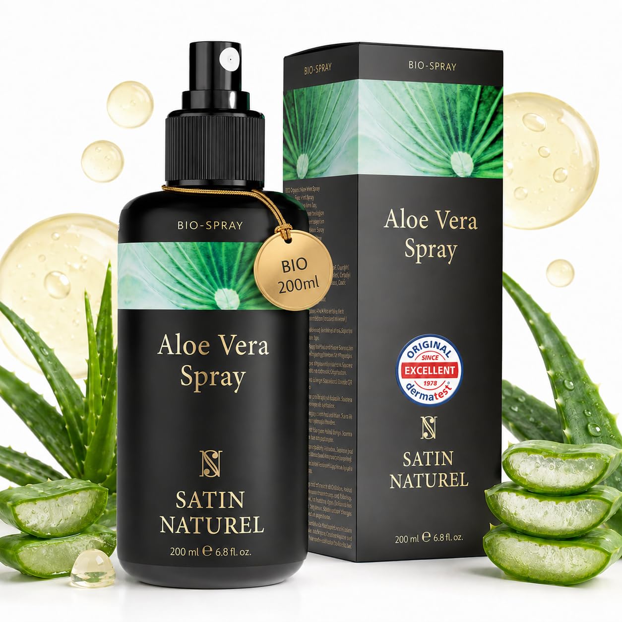 Satin Naturel Bio Aloe Vera Spray 200 ml – 100% Vegan & Naturkosmetik – Aloe Vera Spray mit Hyaluron & Panthenol – After Sun & Feuchtigkeitspflege für Gesicht & Körper