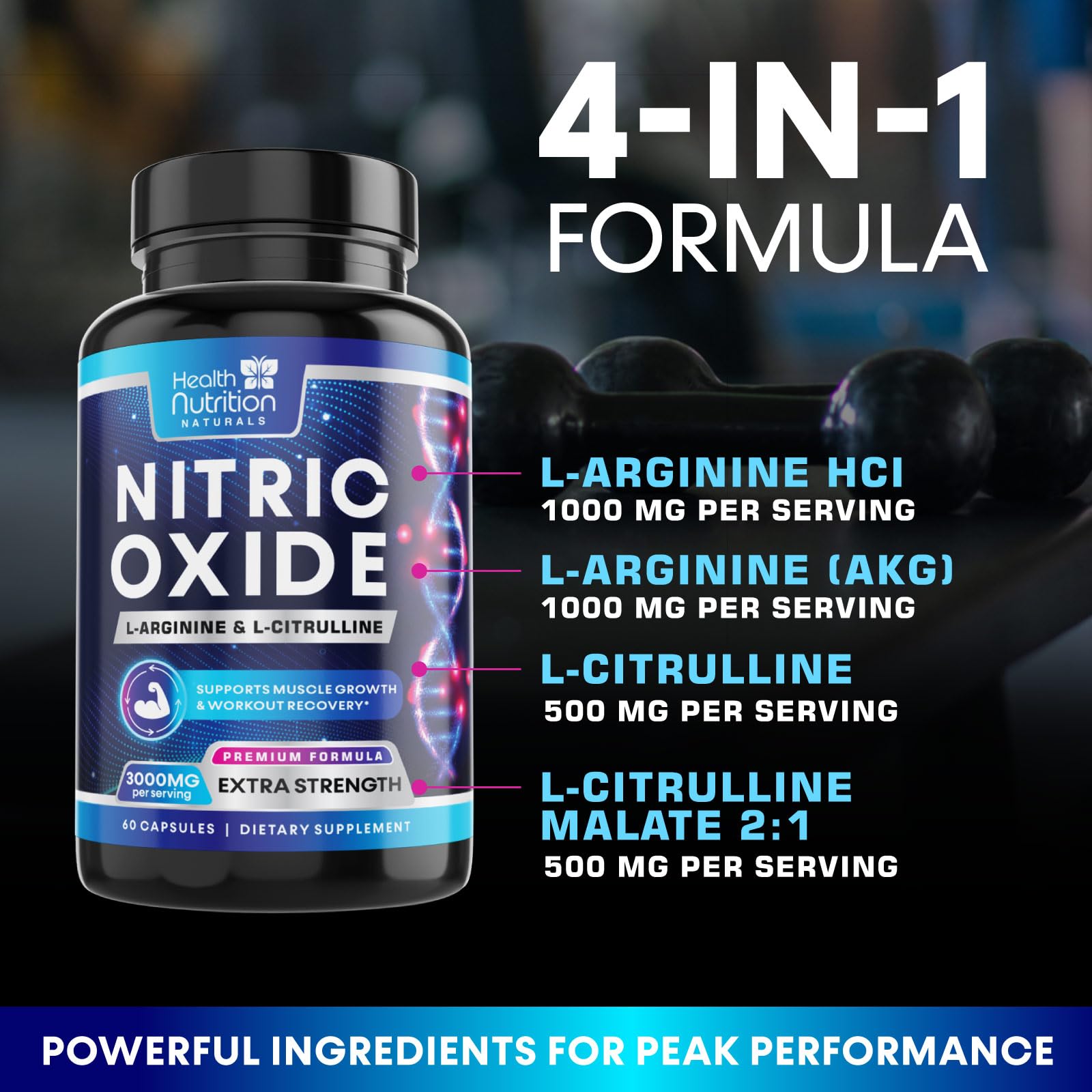 Nitric Oxide Supplement 3000mg Blend - 3X Strength L-Arginine & L-Citrulline - Complete Pre Workout Nitric Booster - Natural Energy & Muscle Support for Men & Women - Bottled in USA - 60 Capsules — Amazon image 6